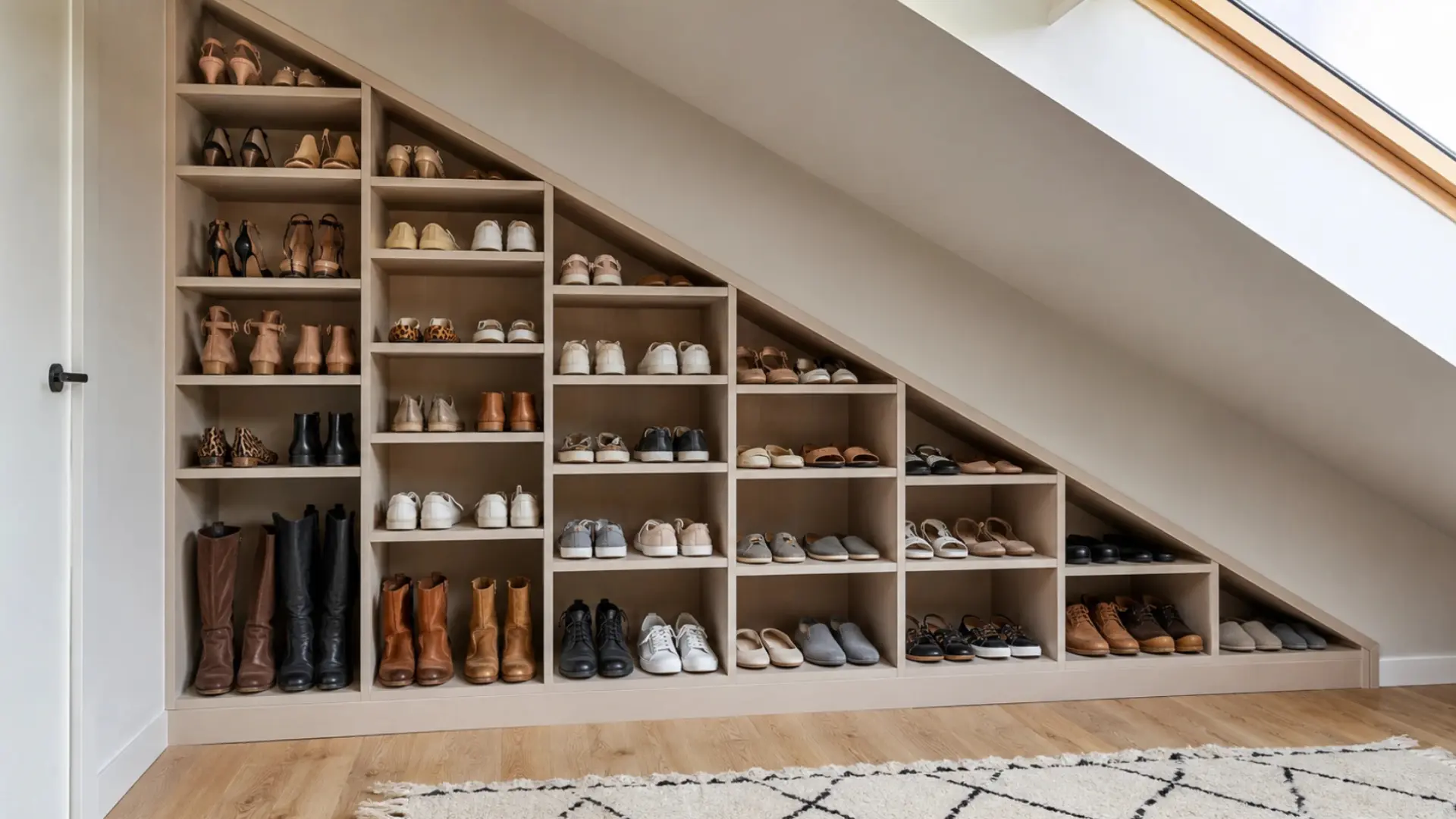 angled attic wall shelving built into a slanted ceiling holding boots sneakers sandals and flats