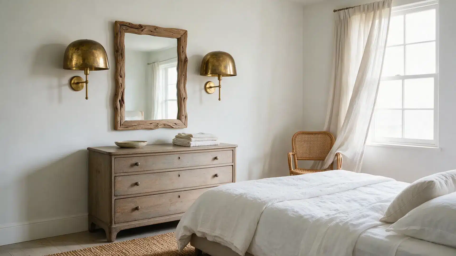 antique brass dome wall sconces flanking a driftwood framed mirror above a weathered wood dresser