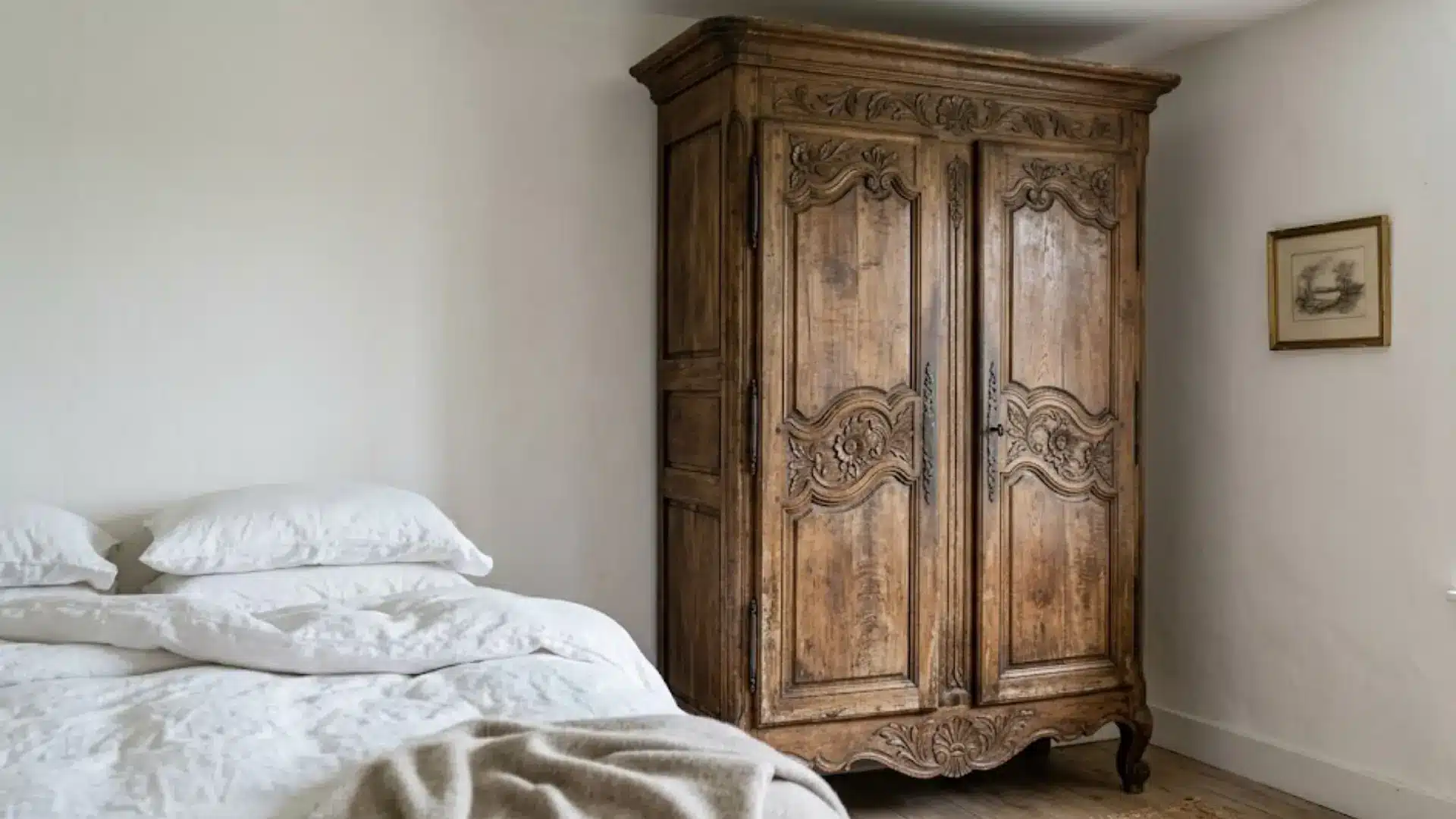 carved wood armoire with floral detailing standing beside a bed dressed in white linens