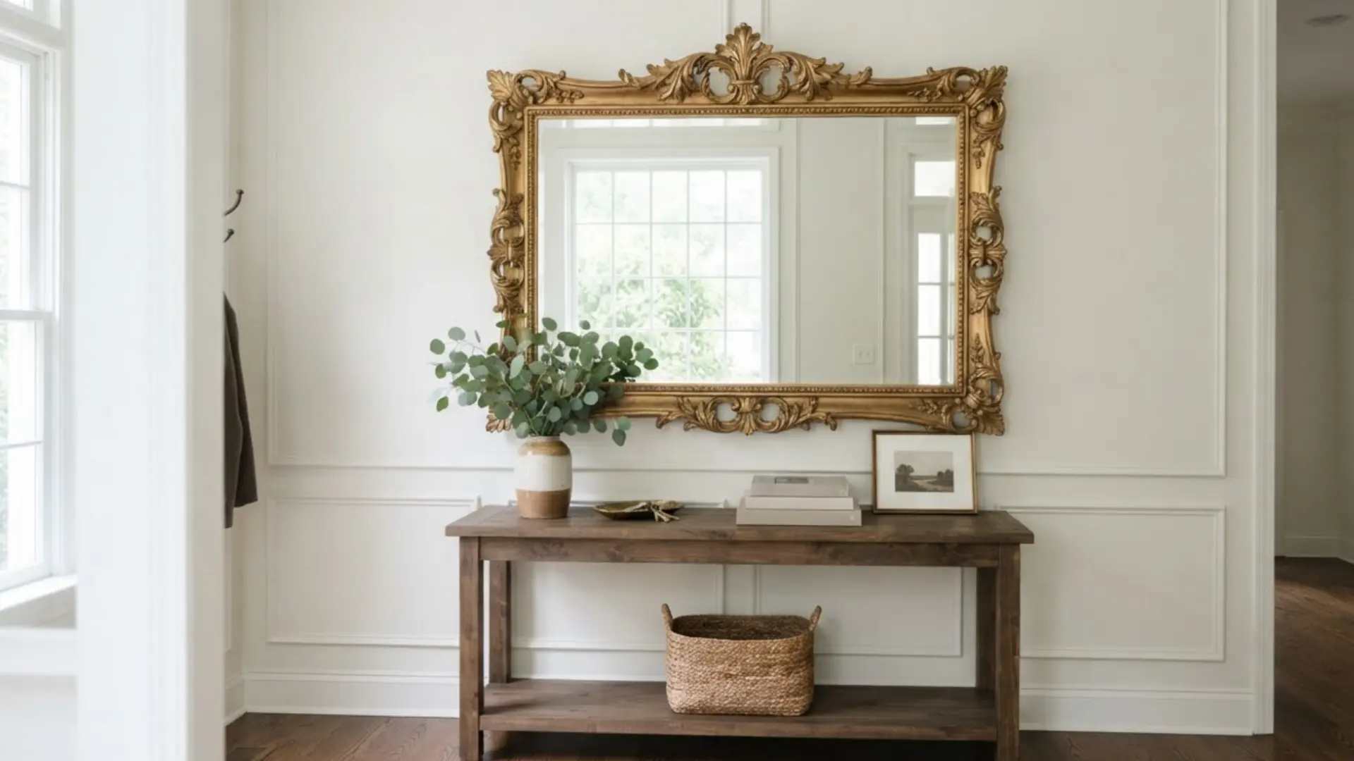 ornate gilded mirror with a carved gold frame hanging above a wood entryway console table