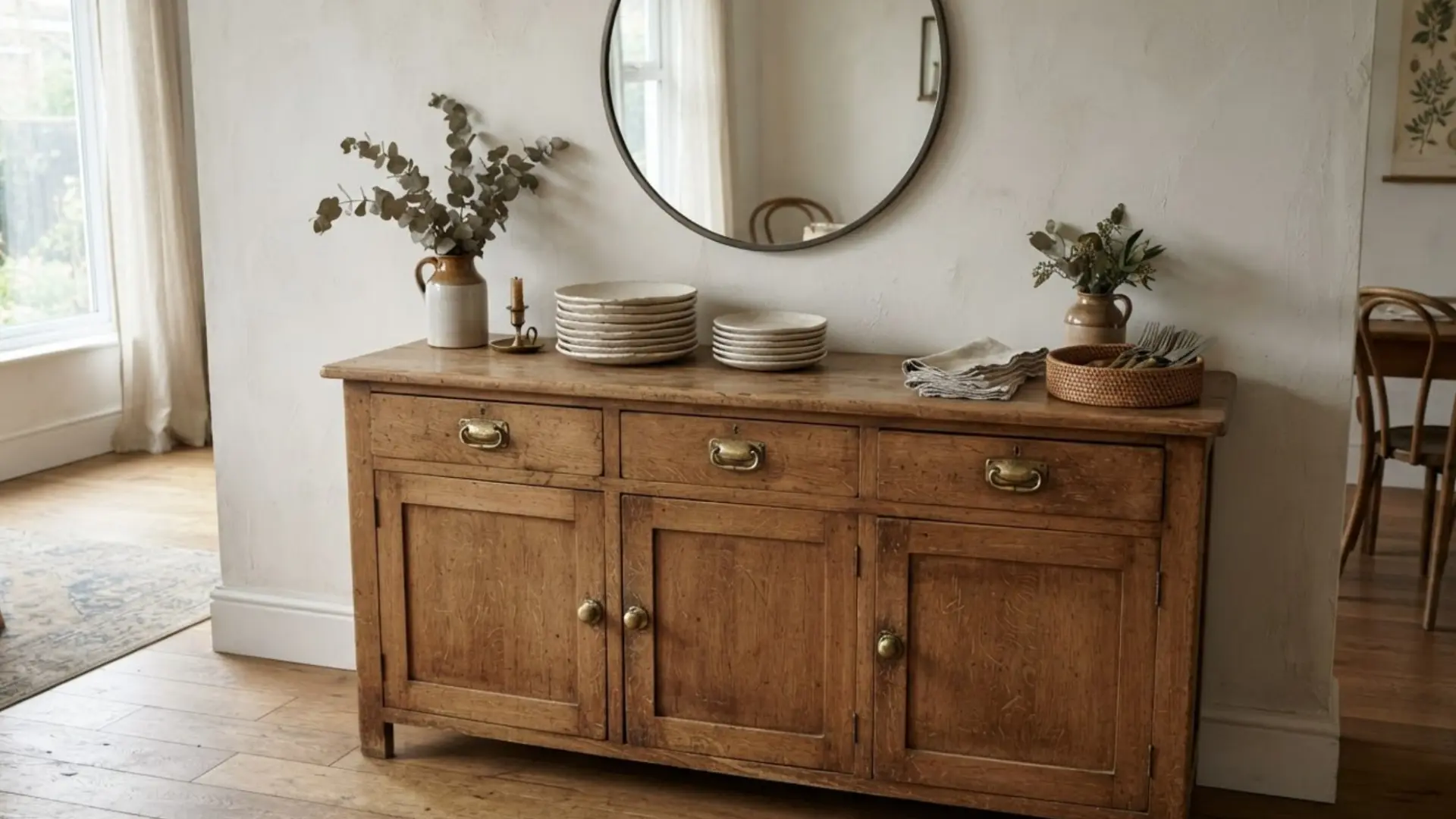 wood sideboard with brass drawer pulls topped with stacked plates a ceramic pitcher and a round mirror above