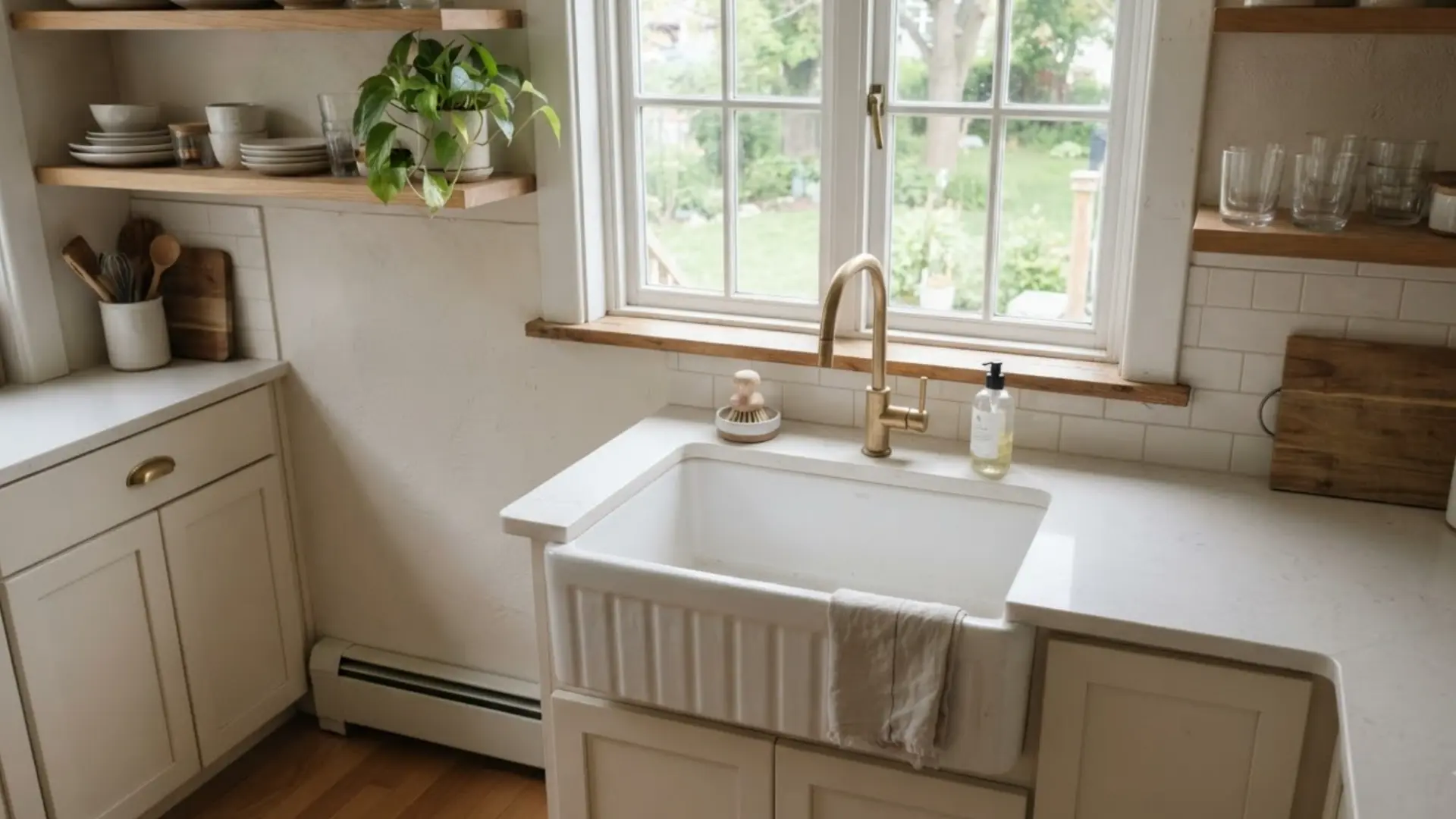 white apron front farmhouse sink with a gold faucet set beneath a bright kitchen window