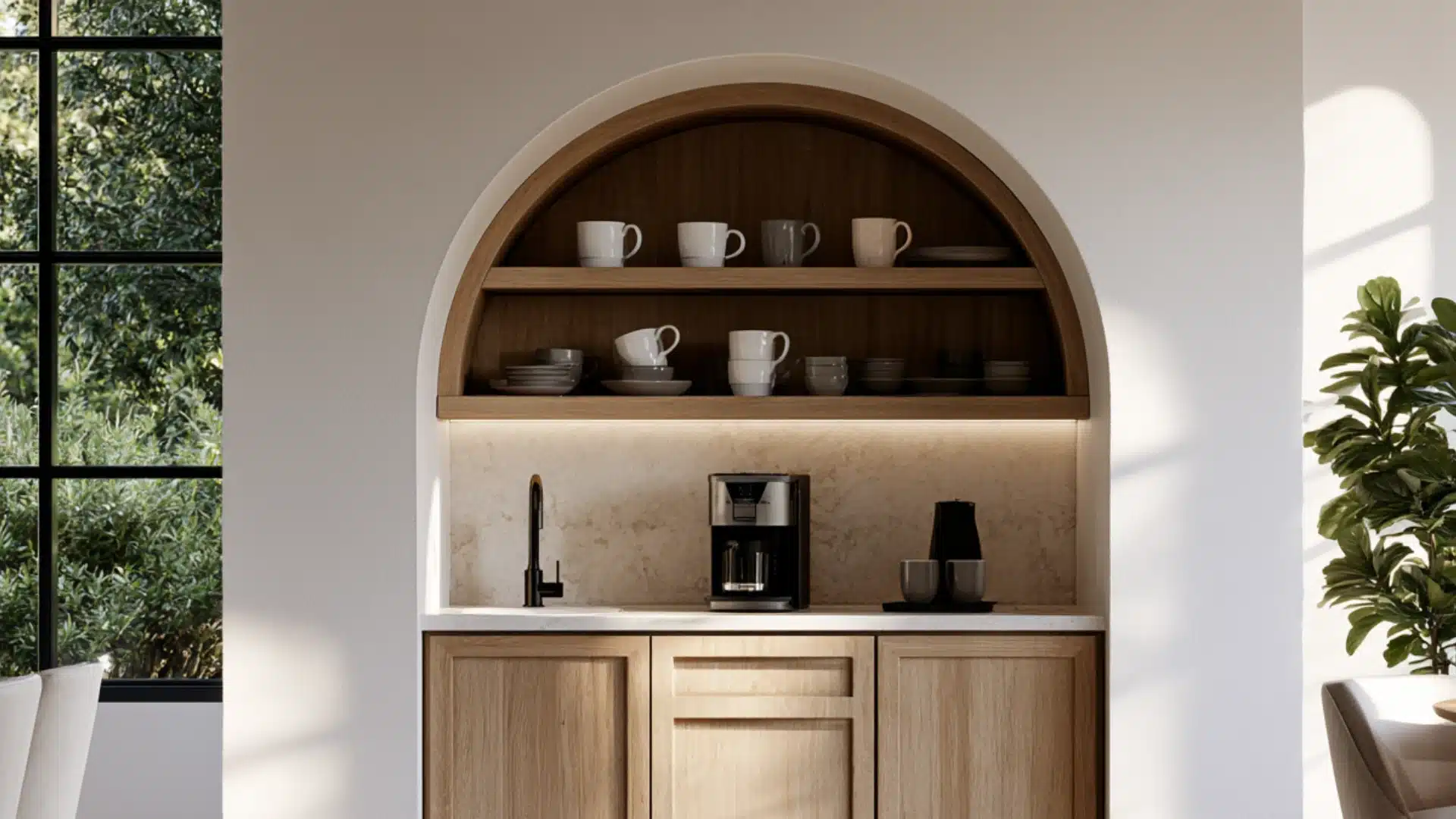 arched nook framing a coffee bar with open shelving and lower storage cabinetry in a room