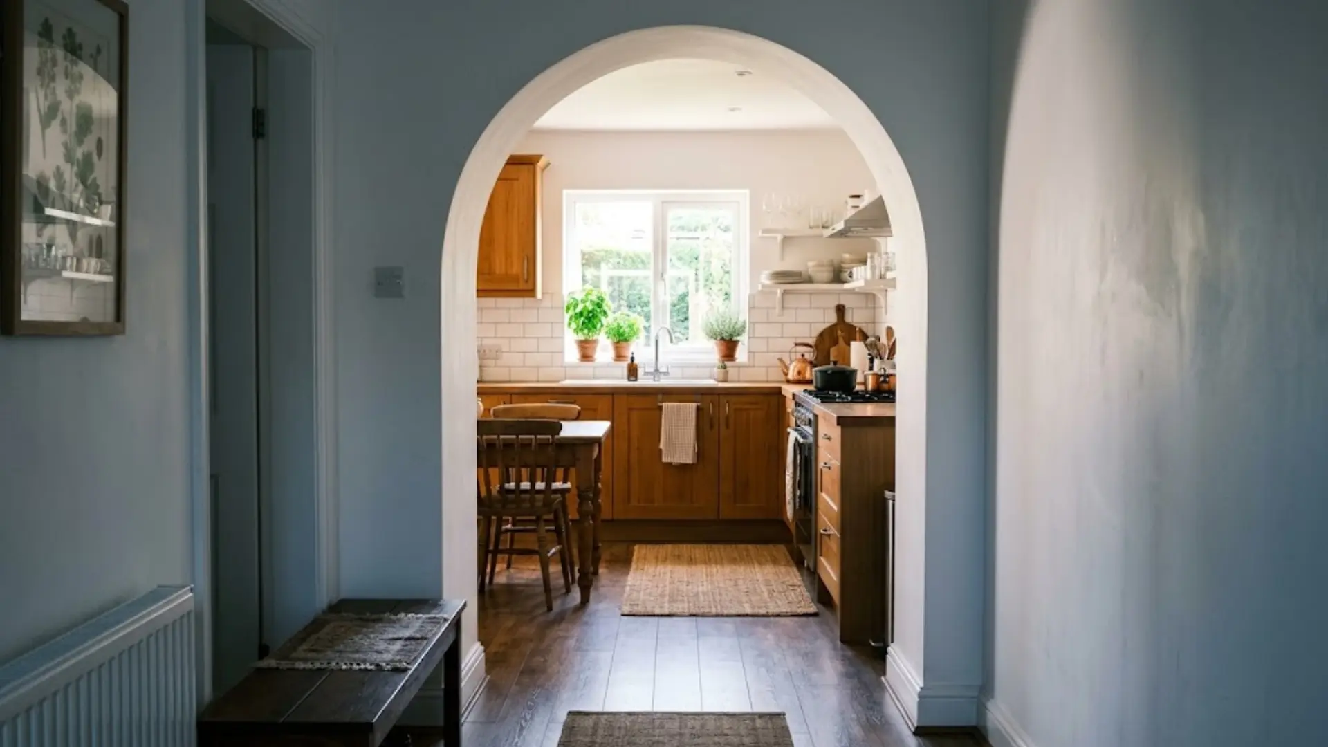 white arched doorway leading into a bright farmhouse style kitchen with wood cabinets