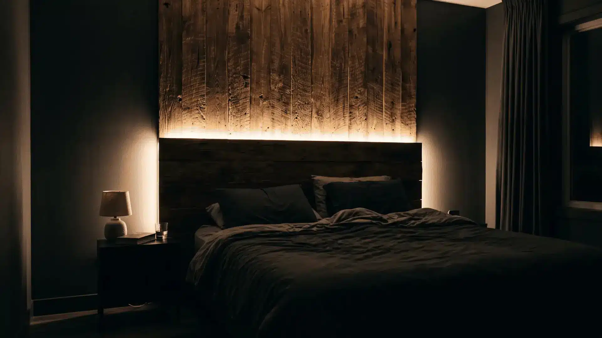 bedroom with wood headboard, warm backlighting, black bedding, and a softly lit bedside lamp