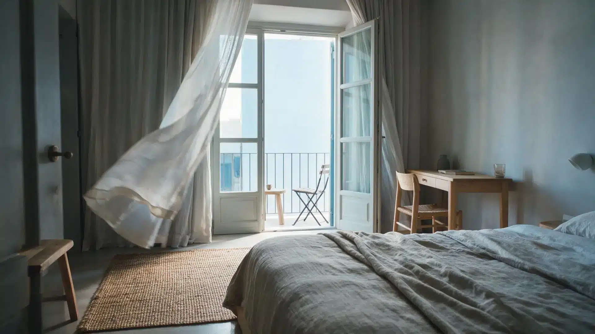coastal bedroom with french doors open to a balcony and flowing sheer curtains near a small wooden desk and chair