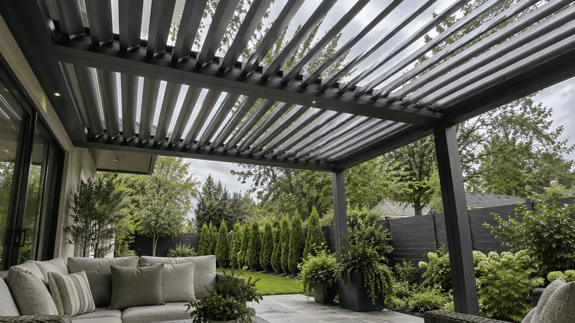 close-up of a bioclimatic veranda roof with partially open aluminum louvers