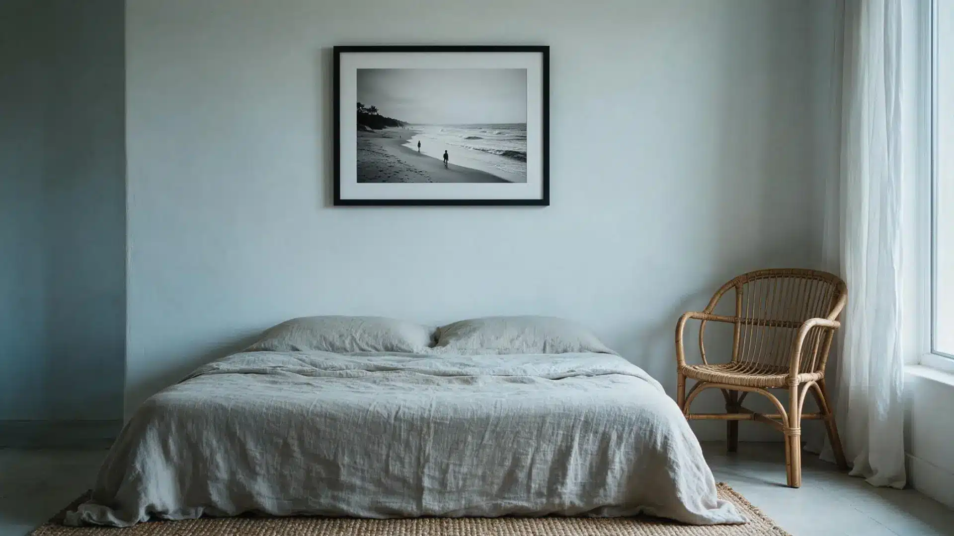 black and white framed beach photography print hung above a bed with soft gray linen bedding