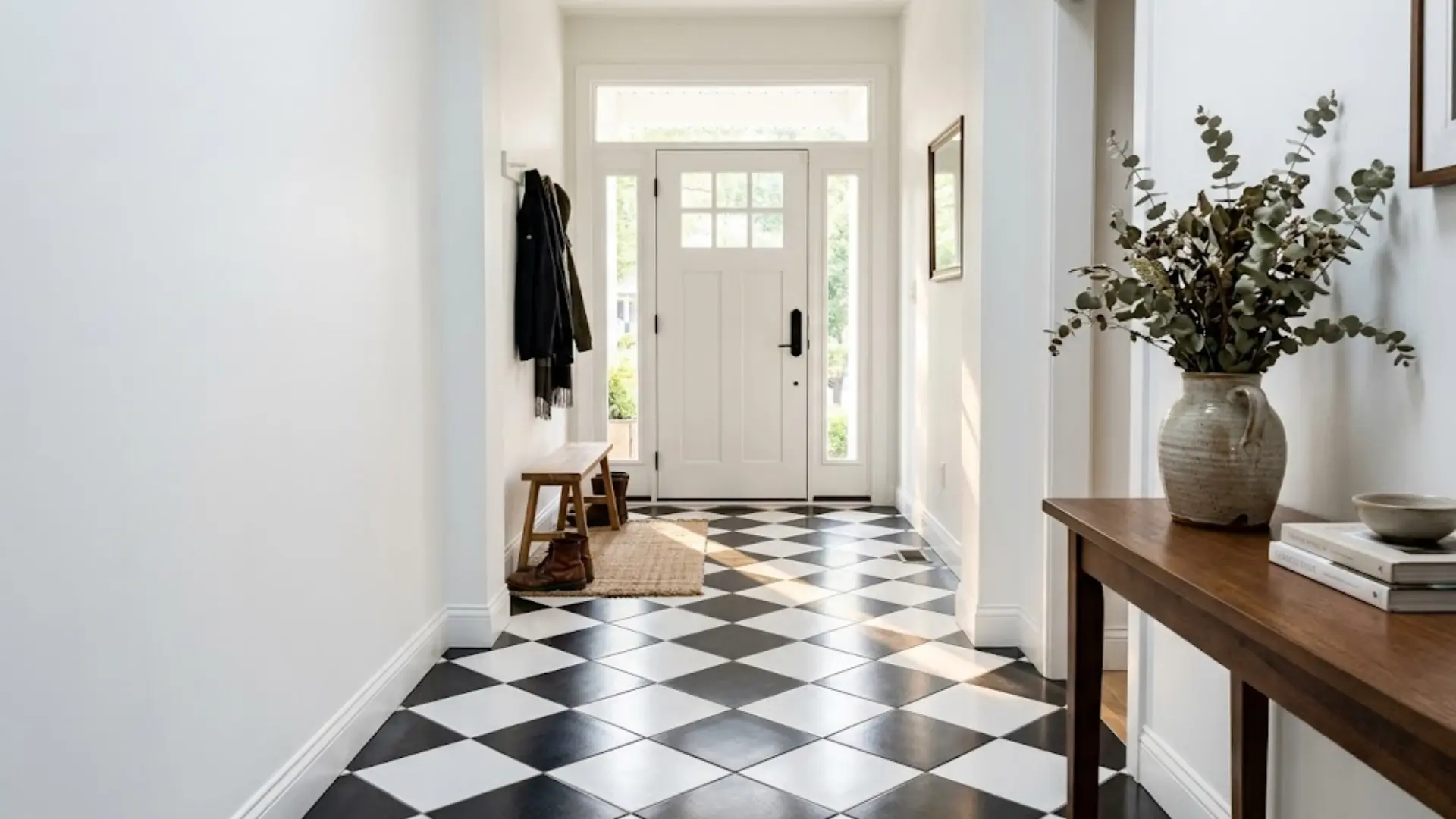 black and white checkerboard tile floor running down a bright hallway to the front door