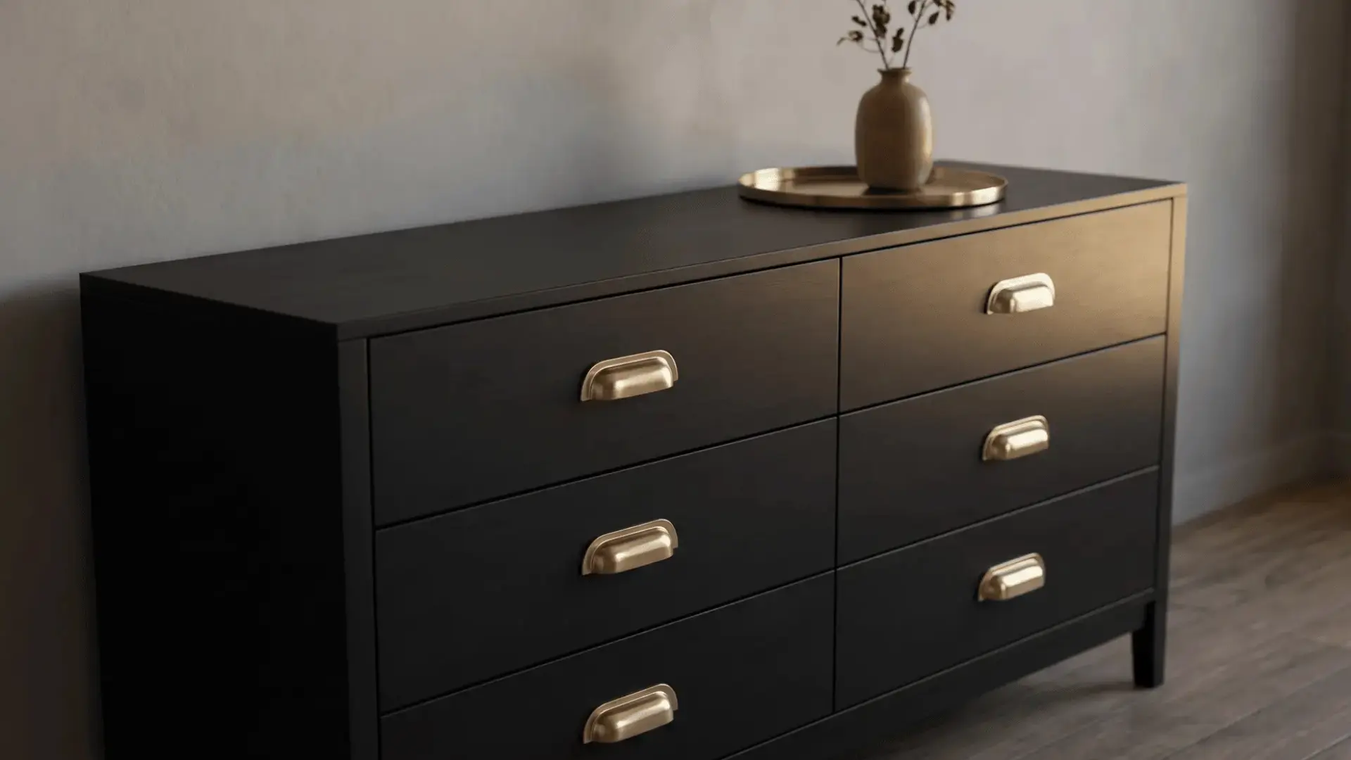 black dresser with brass hardware, simple vase decor, and warm light against a neutral wall