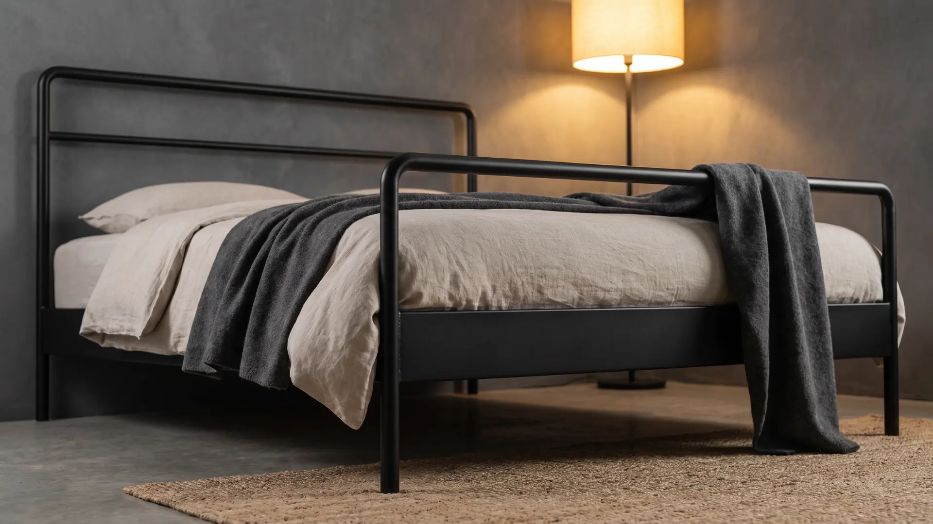 black metal bed frame with neutral bedding, charcoal throw, warm lamp, and textured natural rug