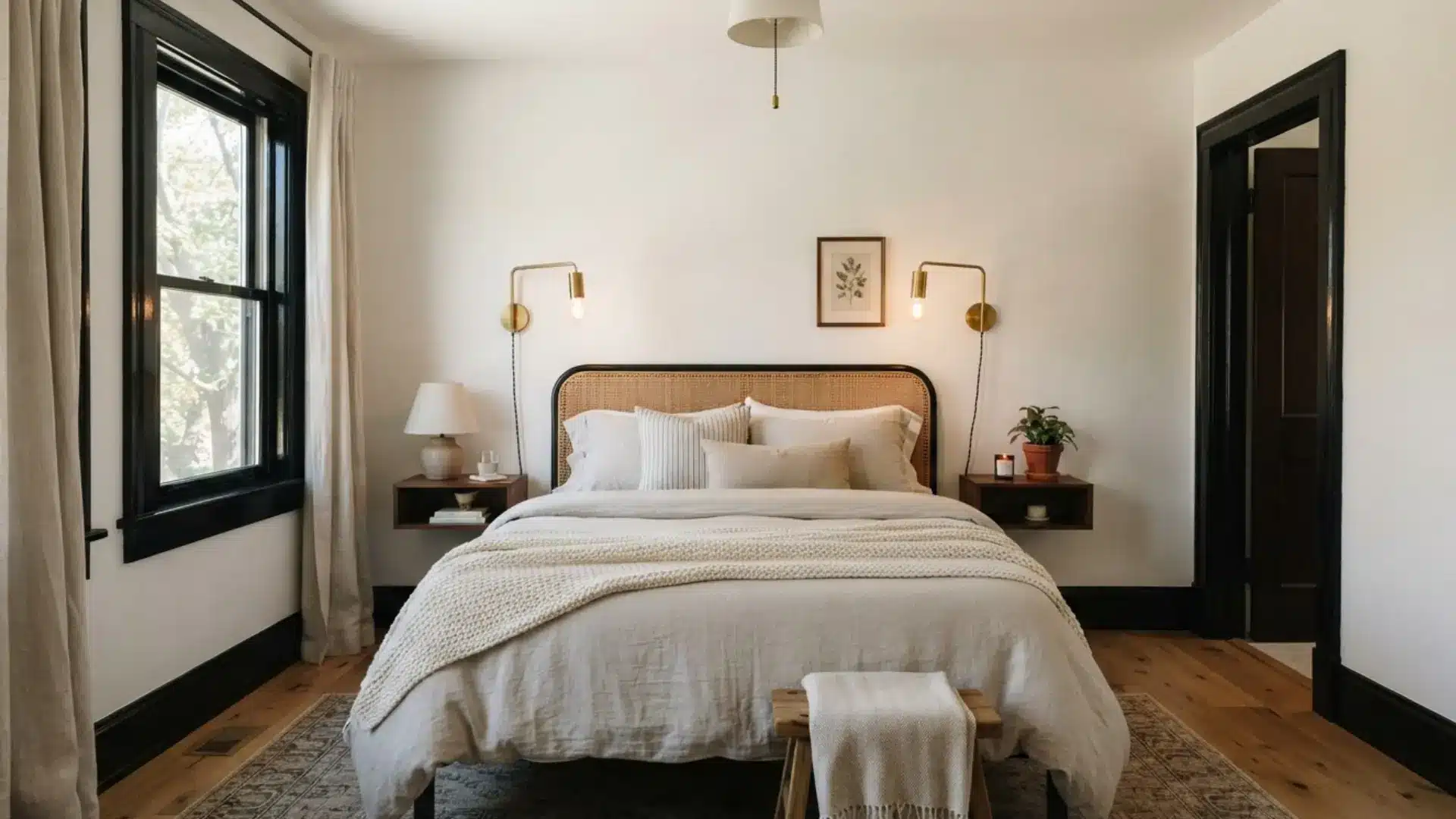 bright bedroom with black trim, rattan headboard, white bedding, brass sconces, and wood floors