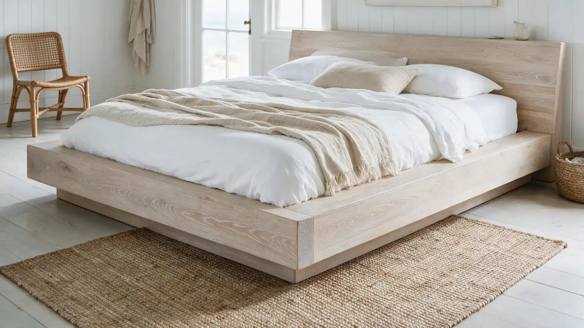 low profile bleached oak bed frame with white linen bedding and a folded cream throw blanket on a jute area rug
