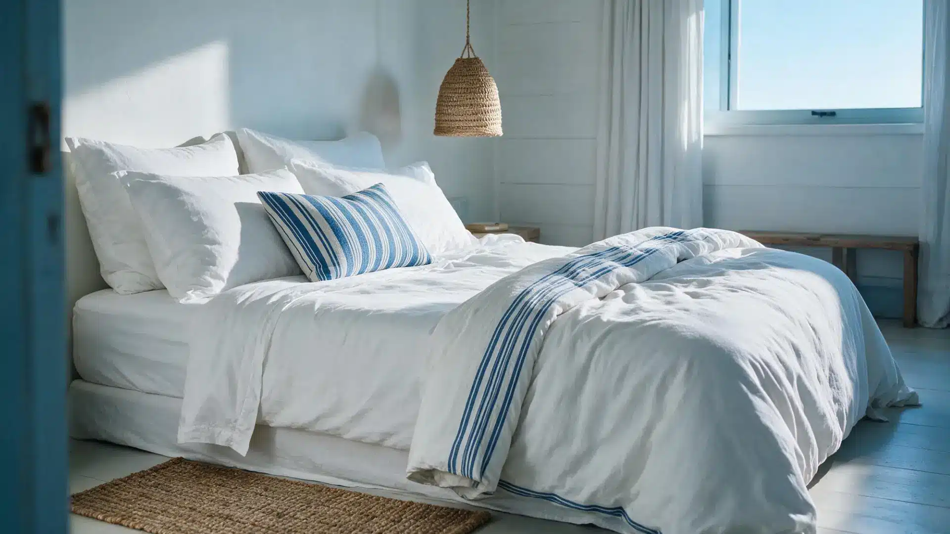 blue and white striped throw and accent pillow layered on white linen bedding on a bed near a window