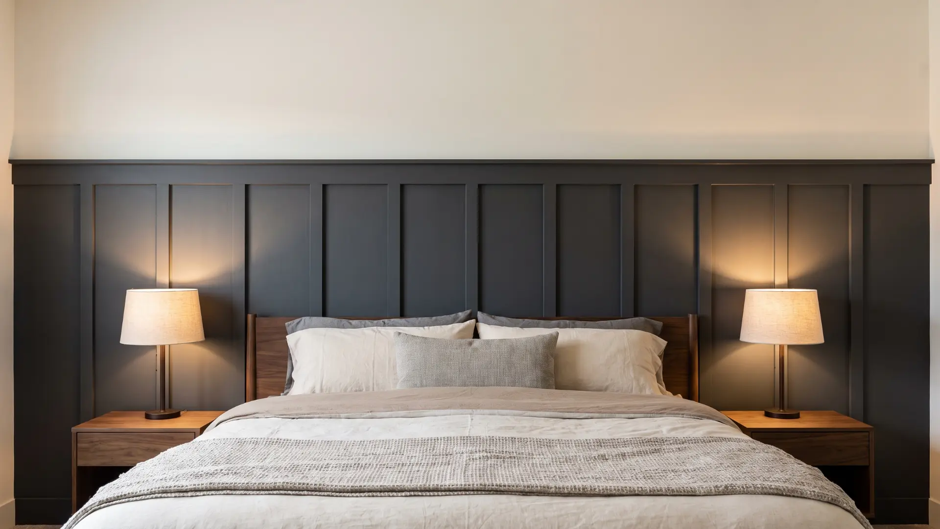 dark paneled bedroom wall with wood nightstands, neutral bedding, and warm matching bedside lamps