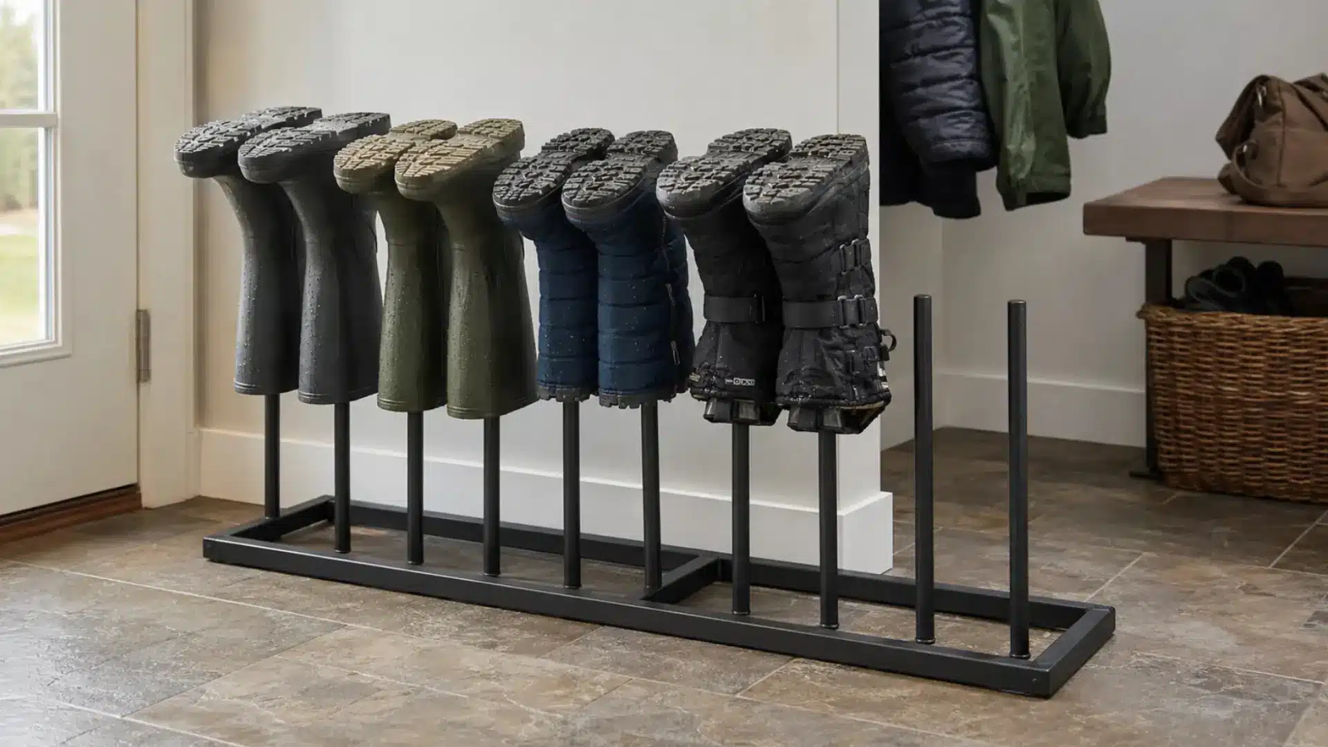 black metal boot rack with vertical rods holding rain boots and winter boots upside down to dry near entryway