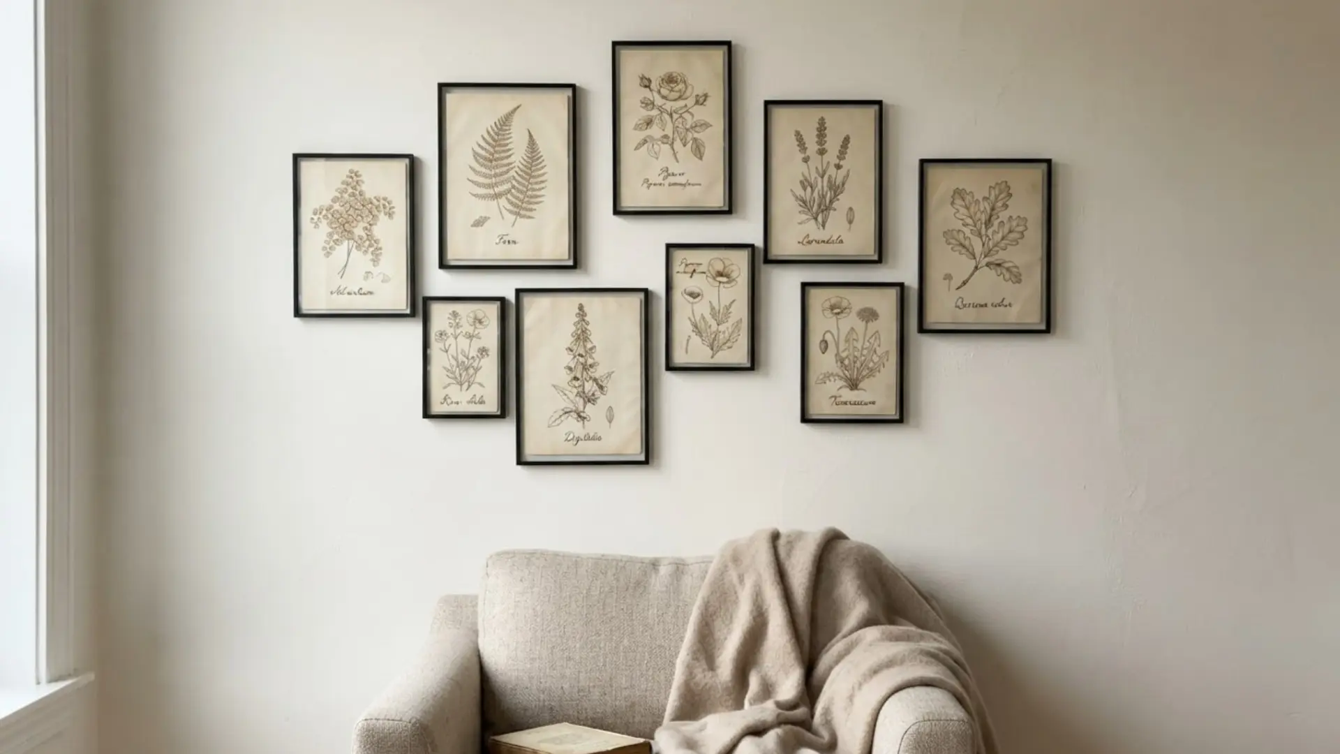 loose cluster of framed botanical prints in black frames arranged above a linen armchair
