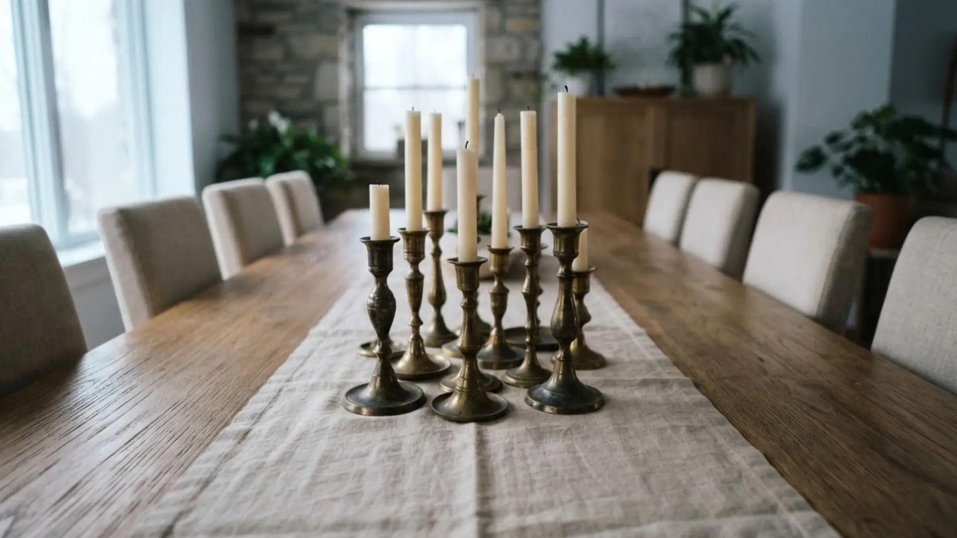 cluster of brass candlesticks in varying heights holding unlit ivory taper candles