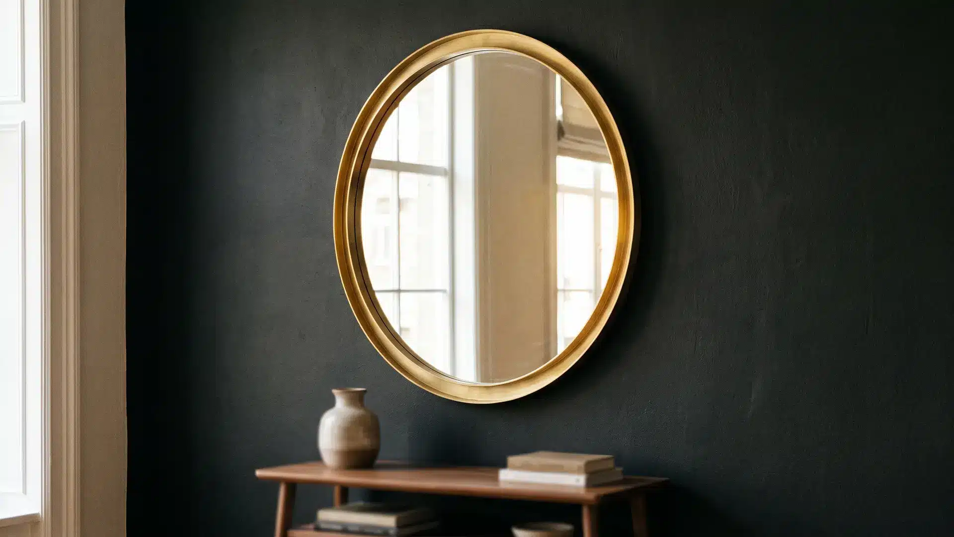 round brass mirror on a black wall above a slim wood console with simple neutral decor