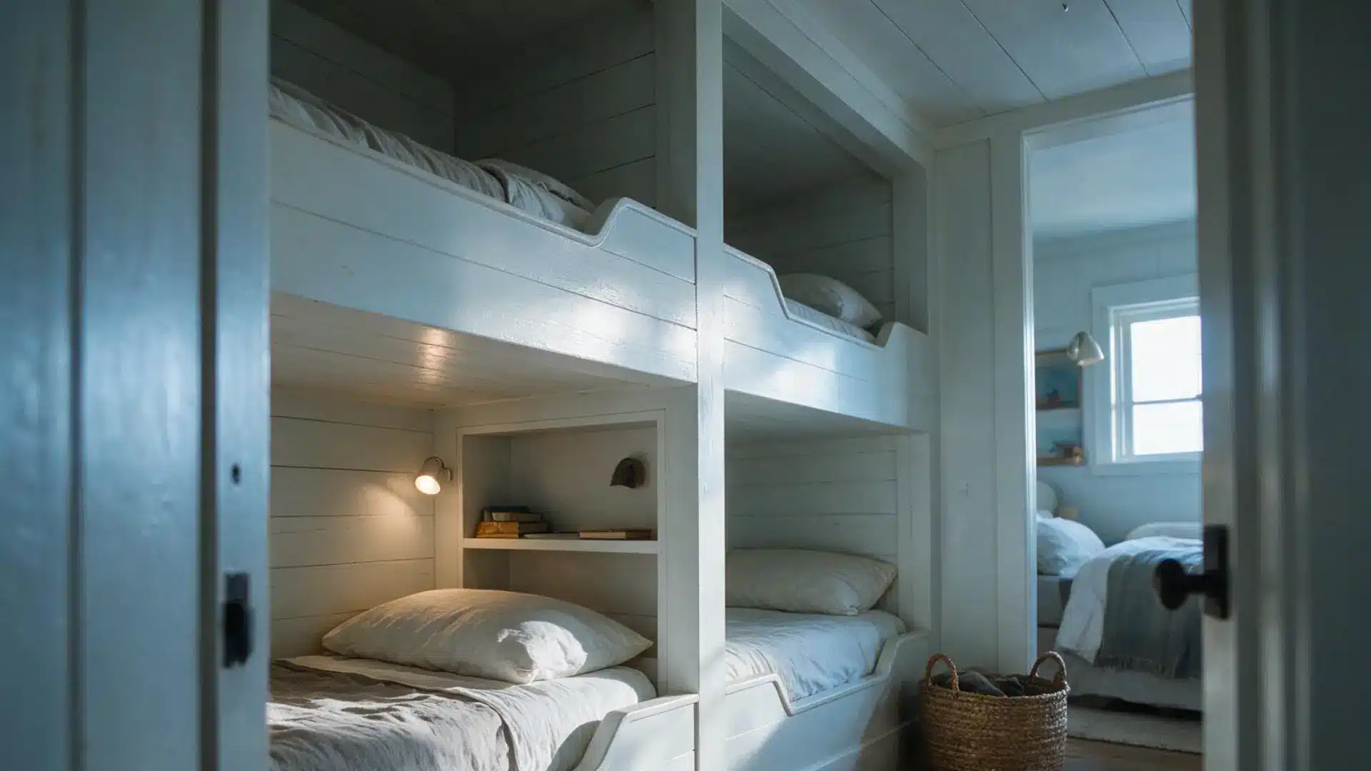 white built in coastal bunk beds with linen bedding and small reading nooks fitted with shelves and lights