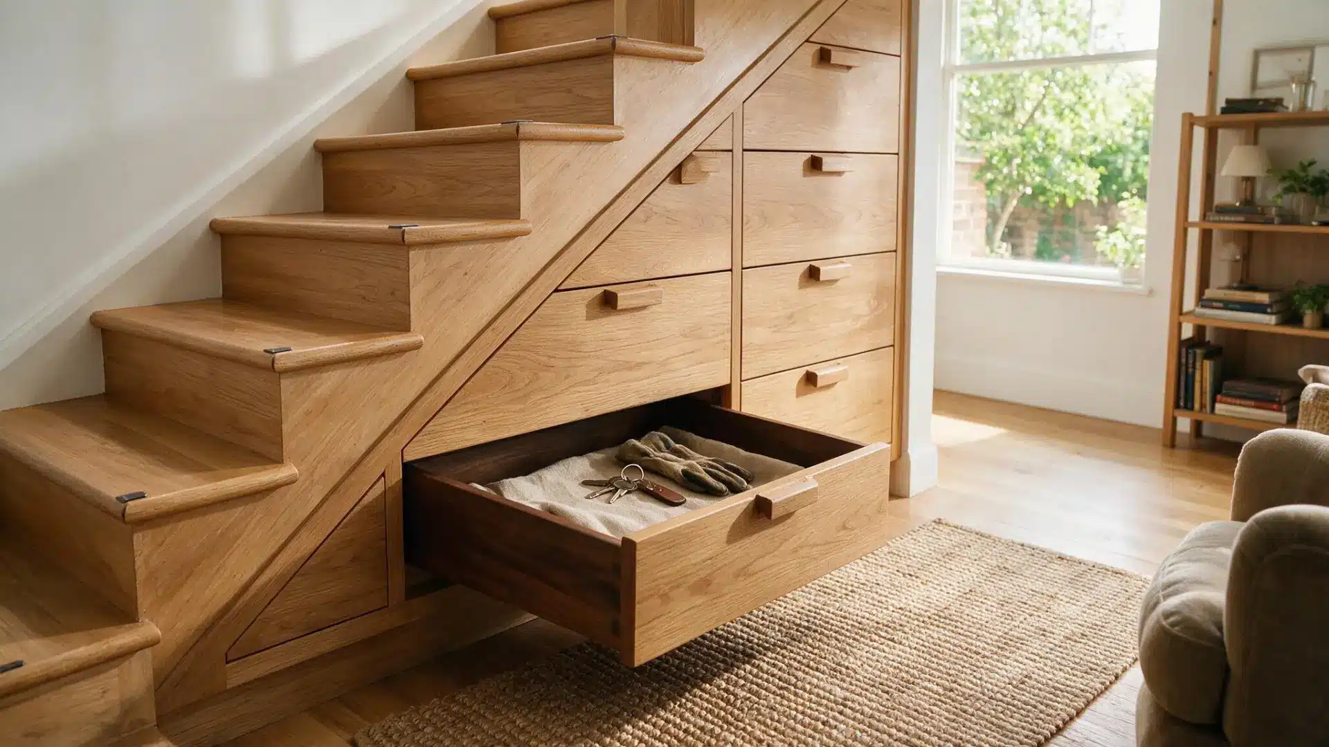 built in wooden drawers under a staircase with one open drawer holding keys and leather gloves