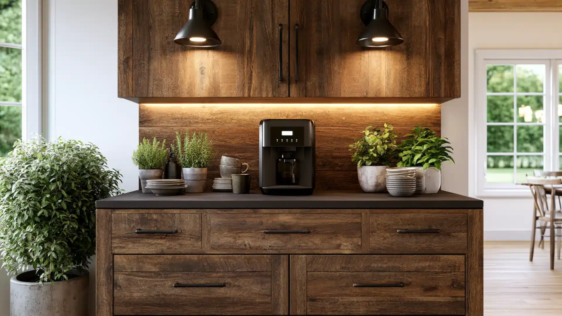 built in kitchen coffee bar with wood cabinets pendant lights coffee maker plants and bowls on dark countertop