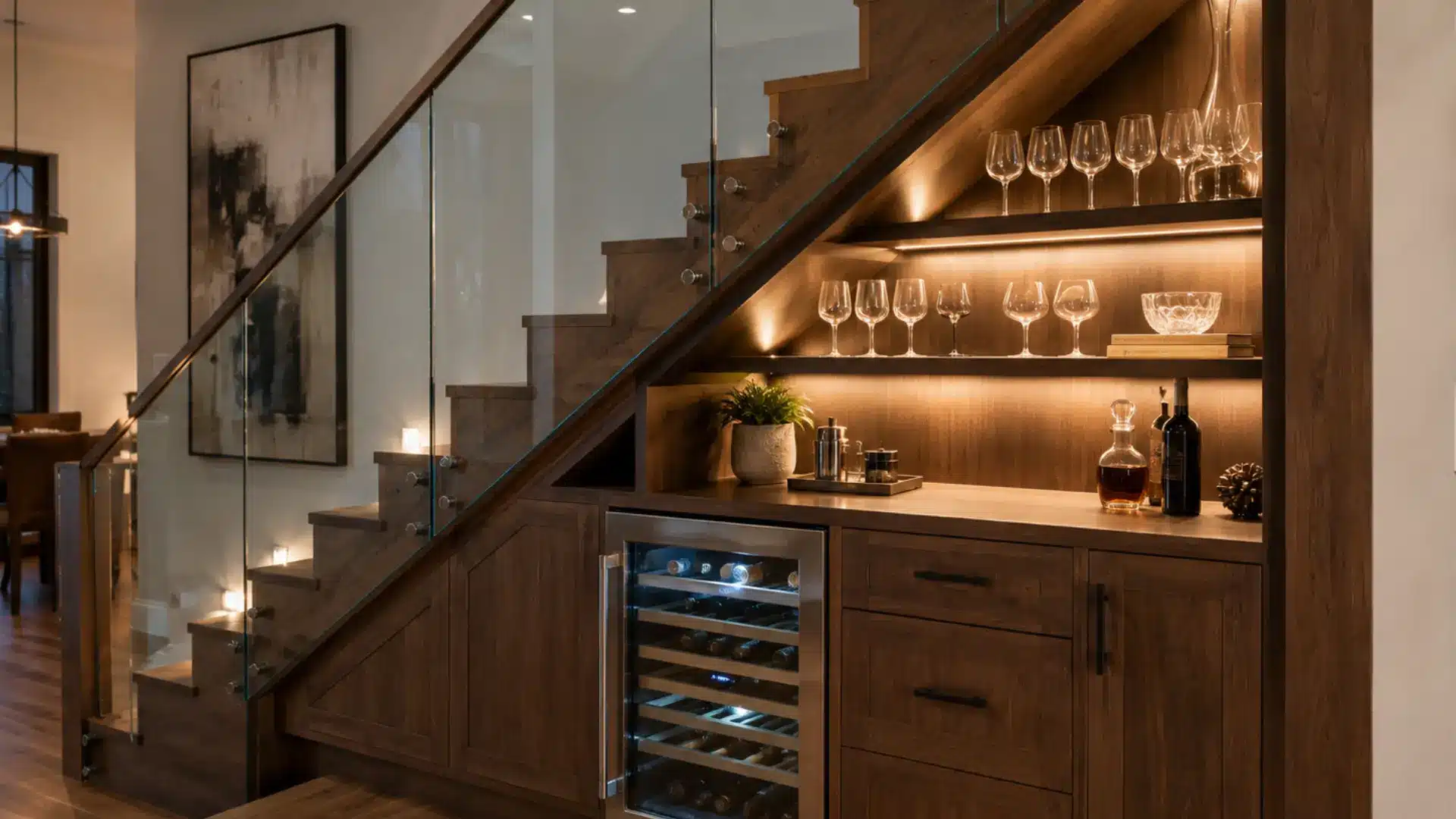 built in mini fridge bar nook under a staircase with wine glasses bottles and lit wood shelving
