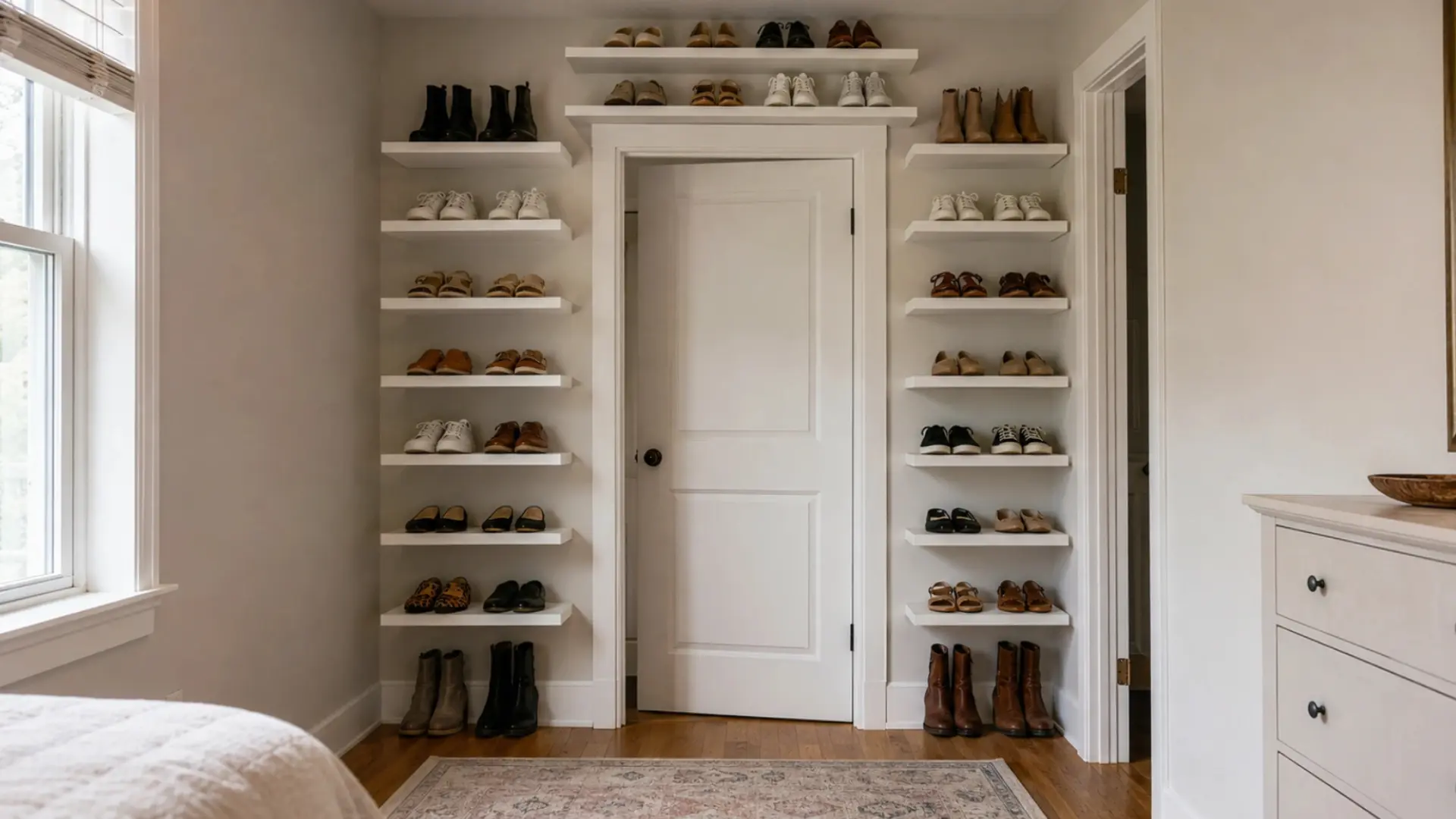 white floating shelves built around a bedroom door frame holding neat rows of sneakers boots sandals and flats