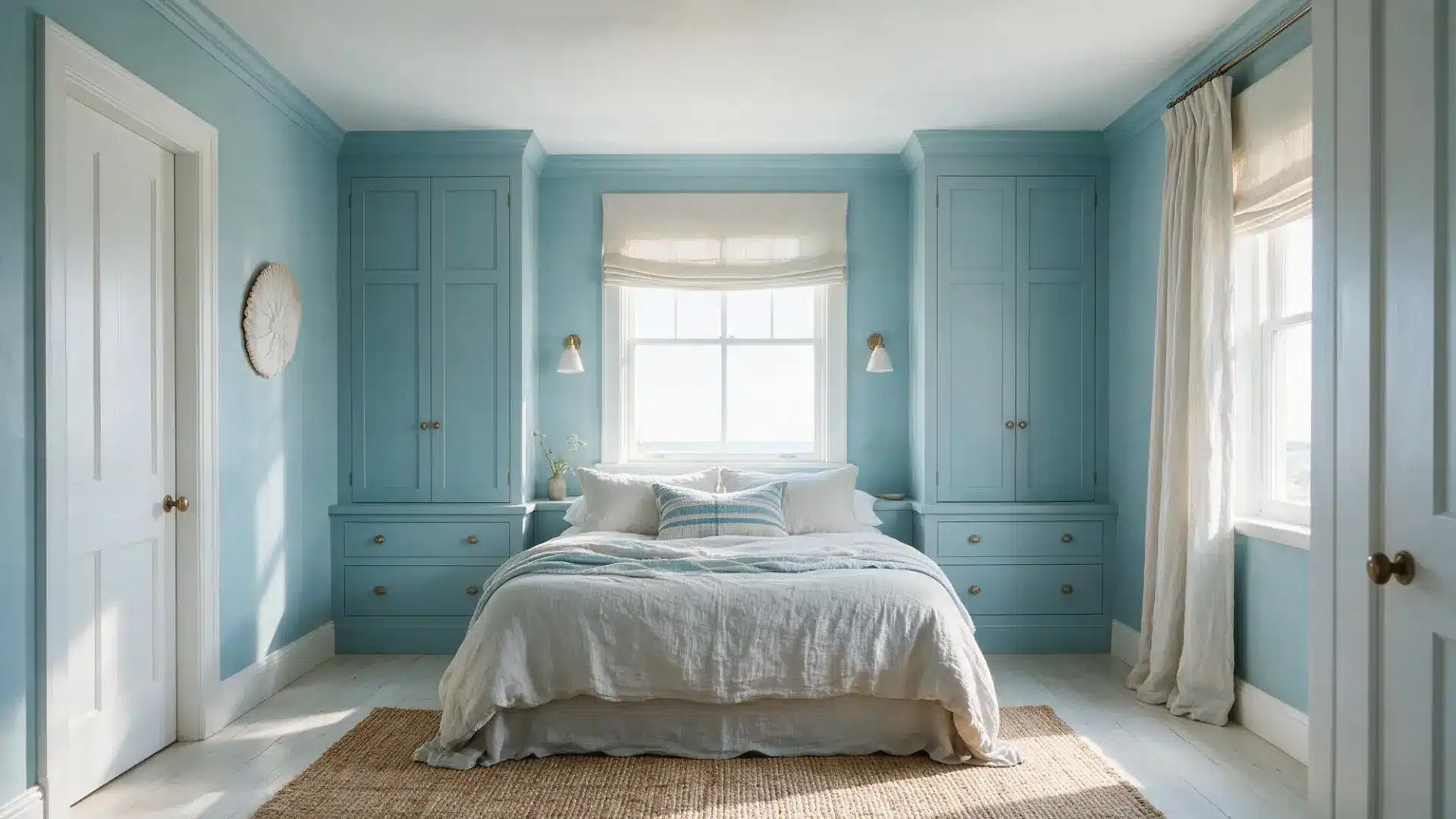 pale blue built in storage cabinets framing a window with wall sconces on either side of the bed