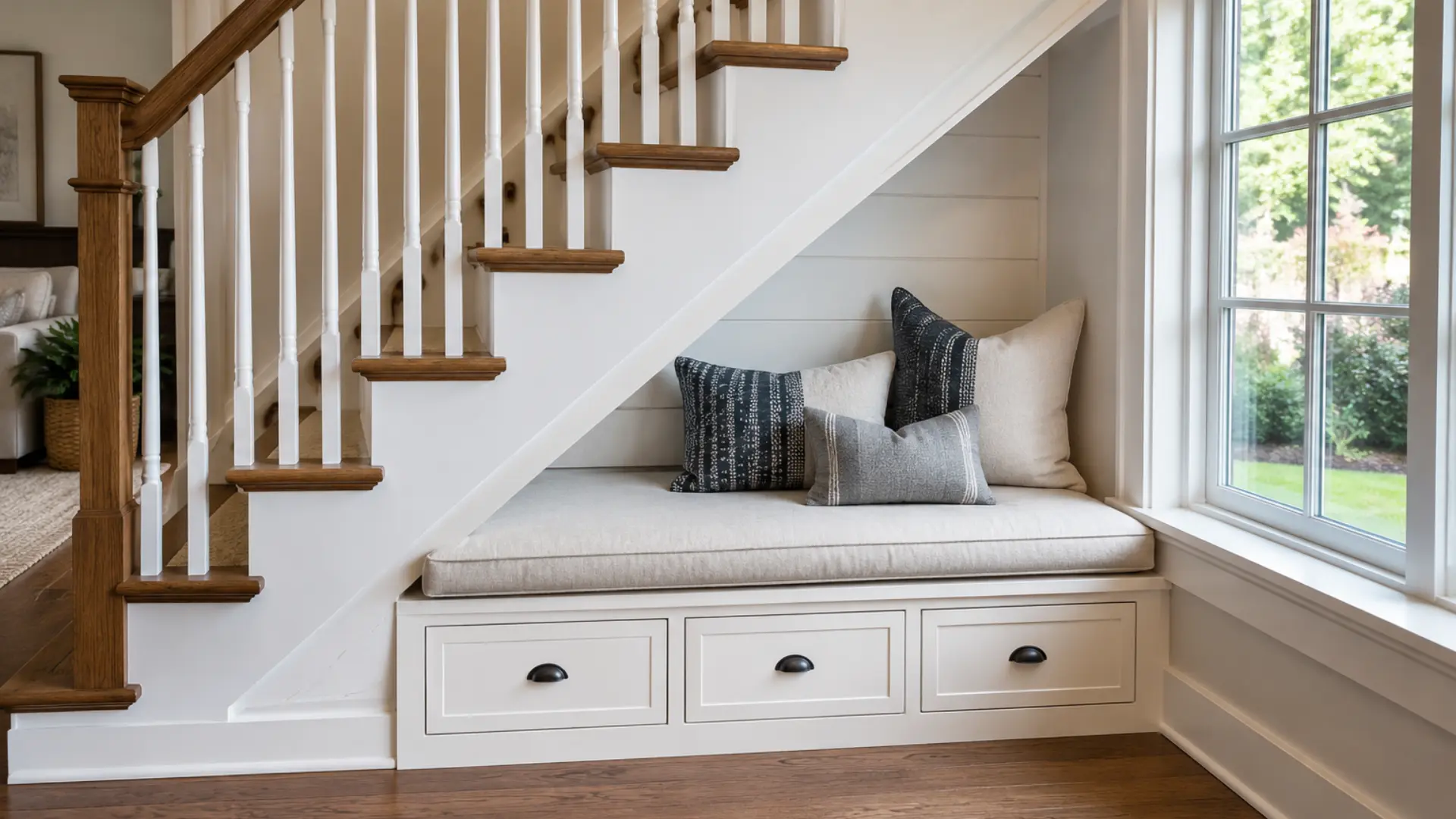 built in window seat with three storage drawers and layered cushions under a white staircase