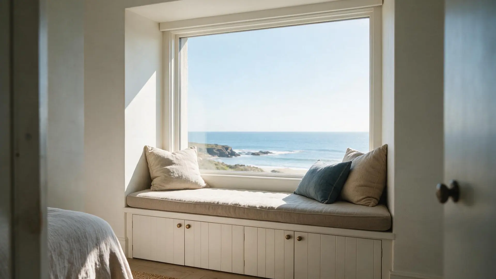 built in white window seat with cushions overlooking the ocean and a rocky coastline view beneath a bright blue sky