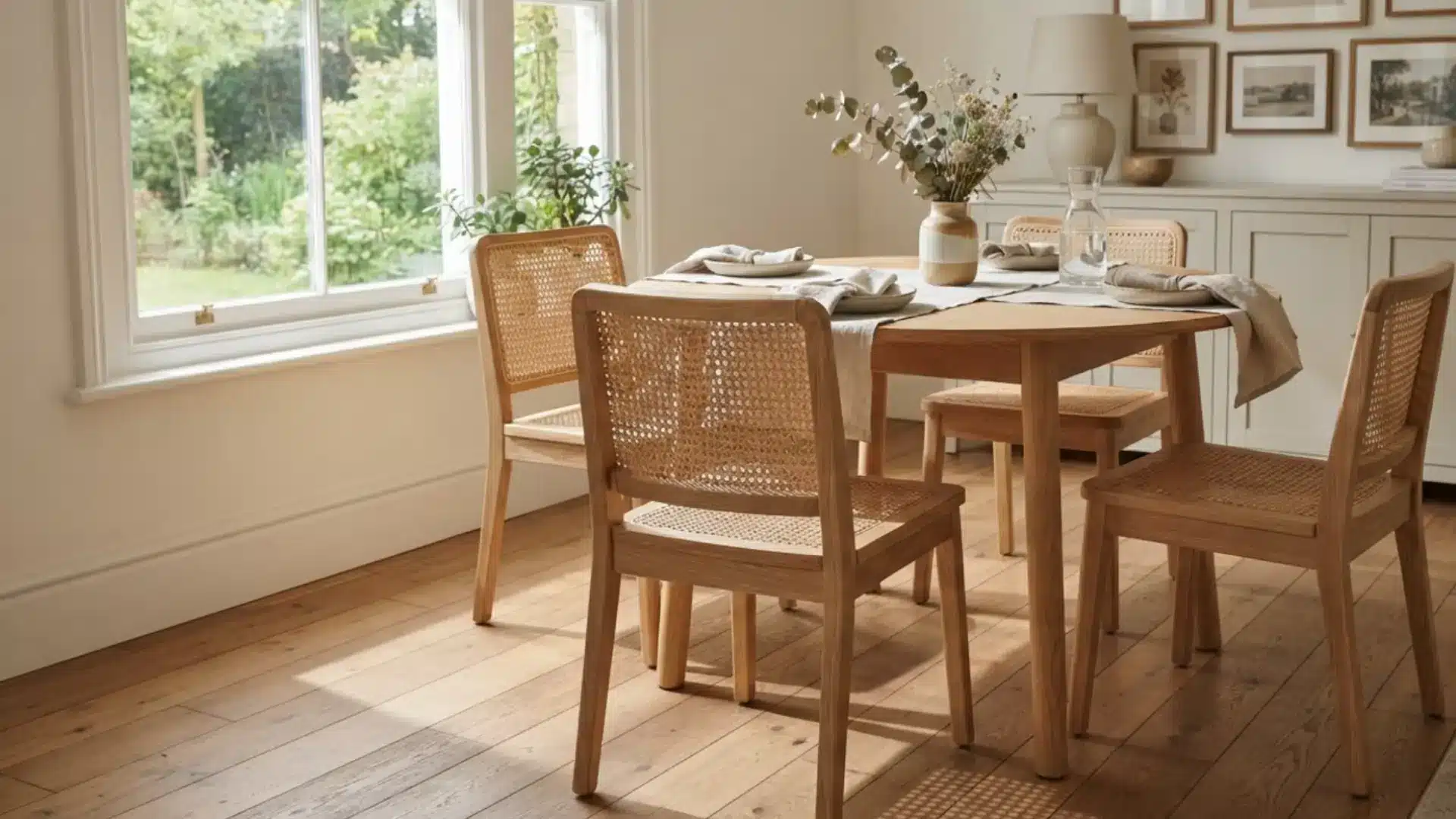 light wood dining chairs with woven cane backs set around a table with folded linen napkins
