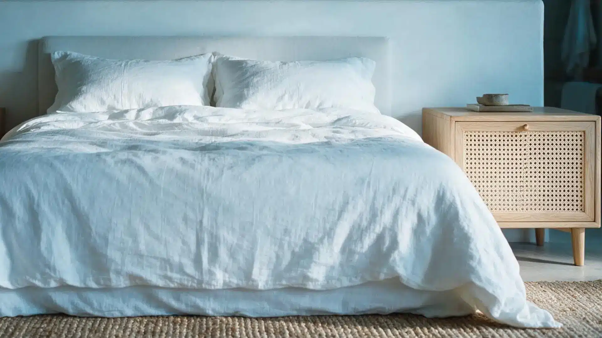 light wood nightstand with a woven cane front panel and round wood knob beside a bed with soft white linen bedding