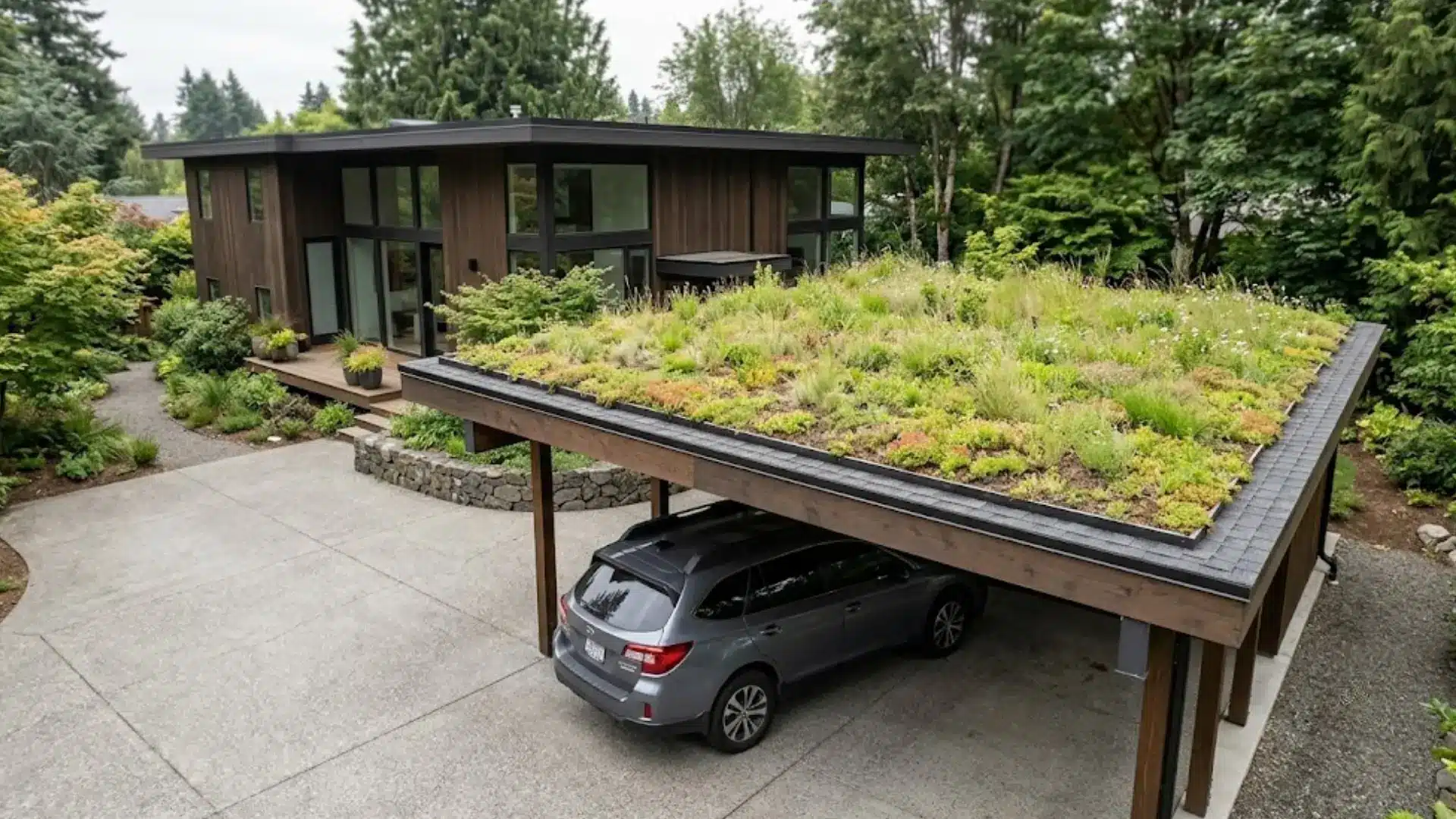 gray car parked under a carport with a lush green roof planted with grasses and flowers