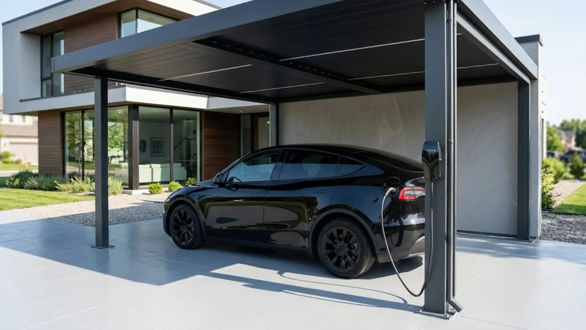 black car charging under a sleek modern carport equipped with a wall mounted ev charging station