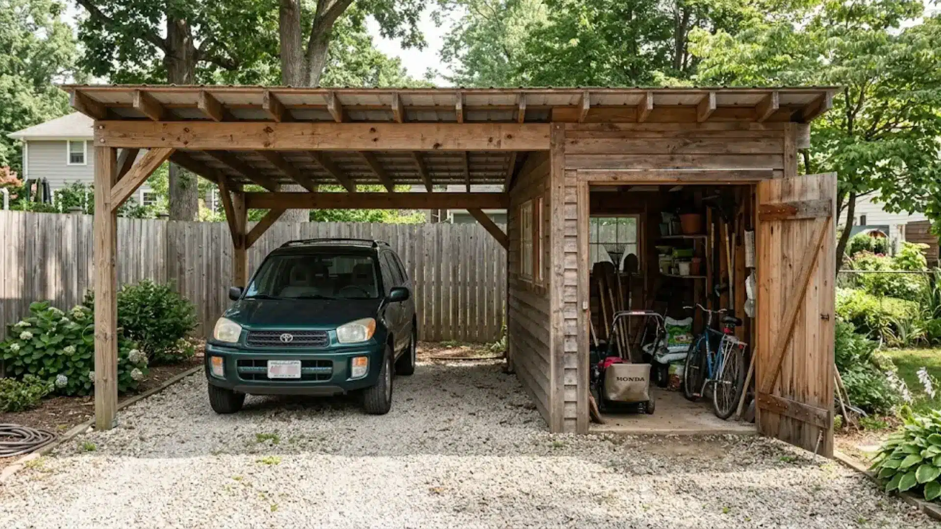 green car parked under a wooden carport beside an open storage shed with tools and a bike