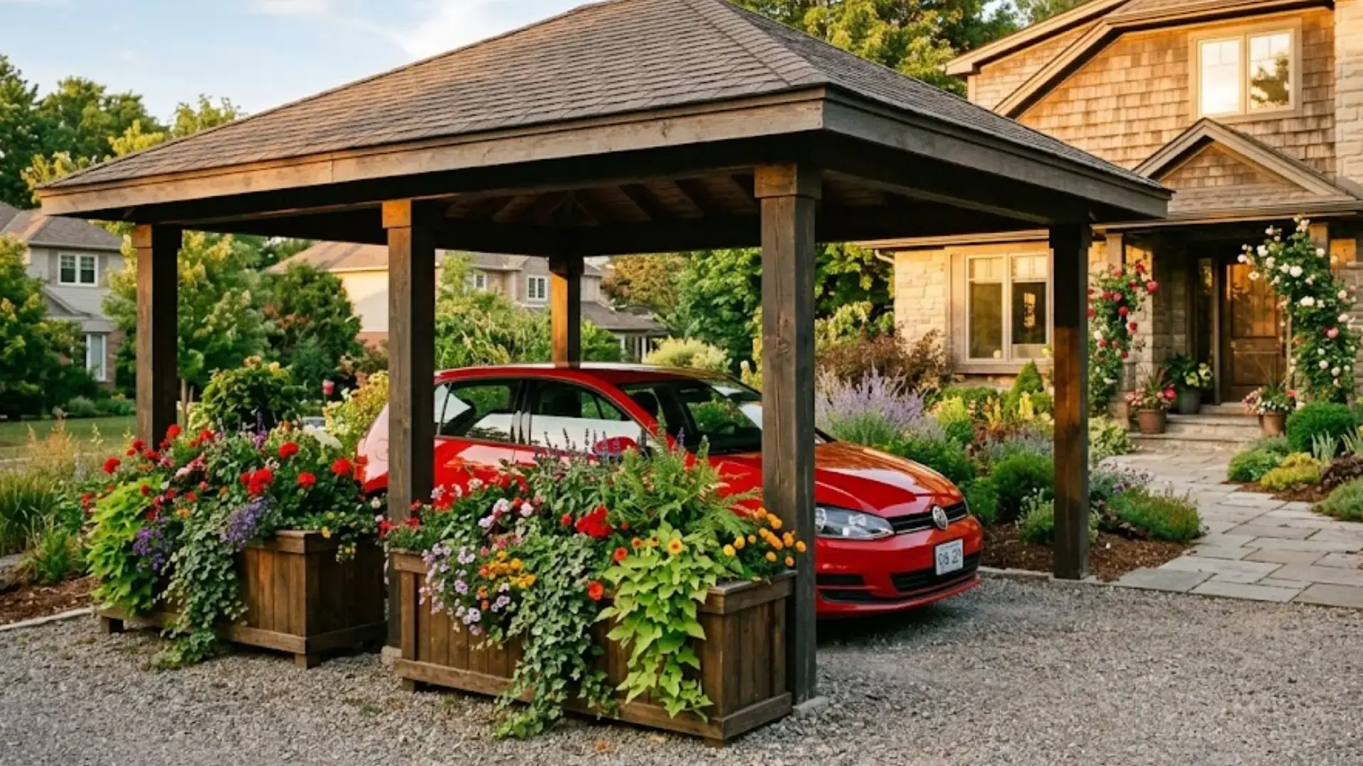 red car parked under a wooden carport surrounded by overflowing flower planter boxes