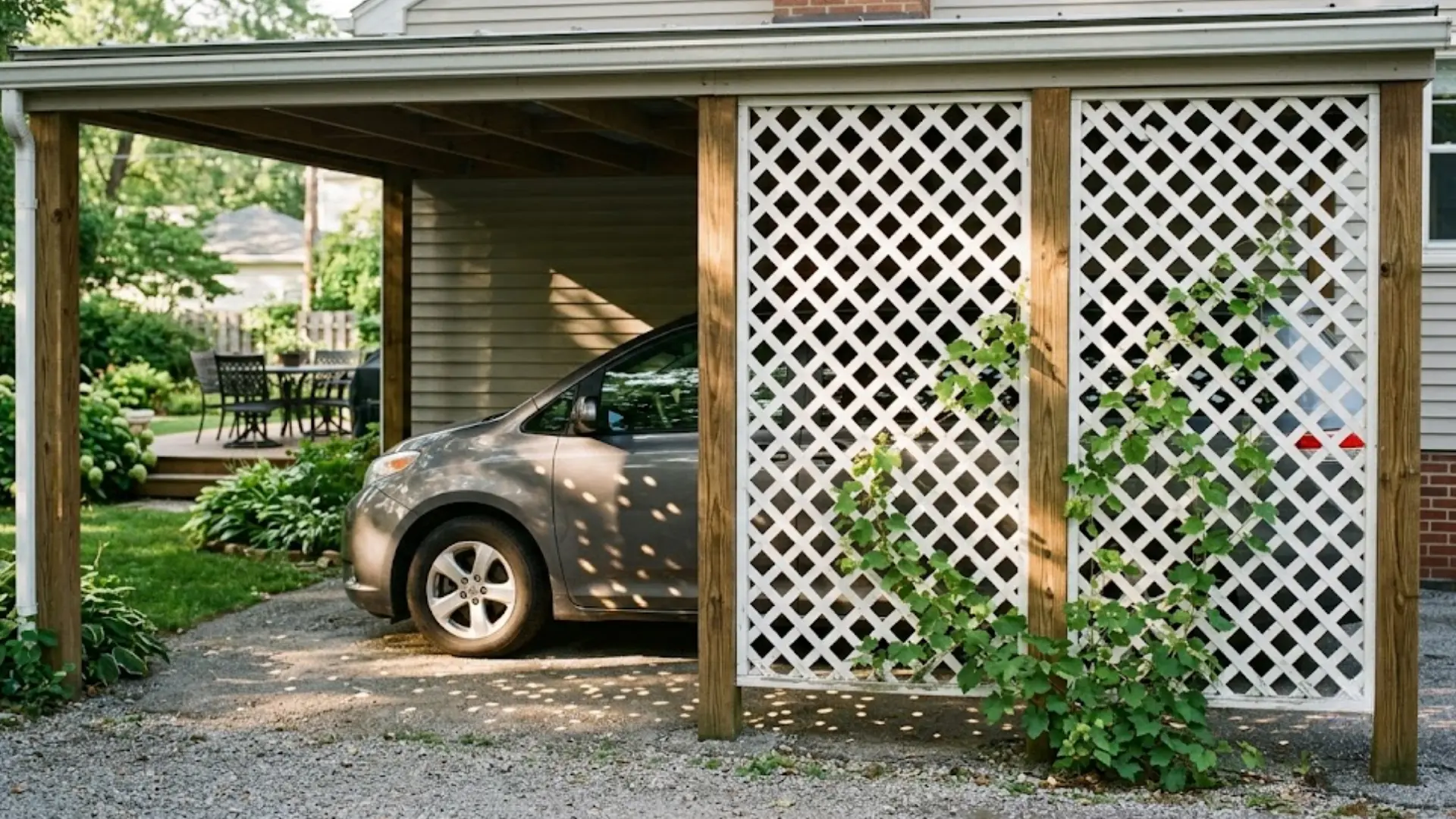 silver car parked under a wooden carport with white lattice side panels and climbing vines