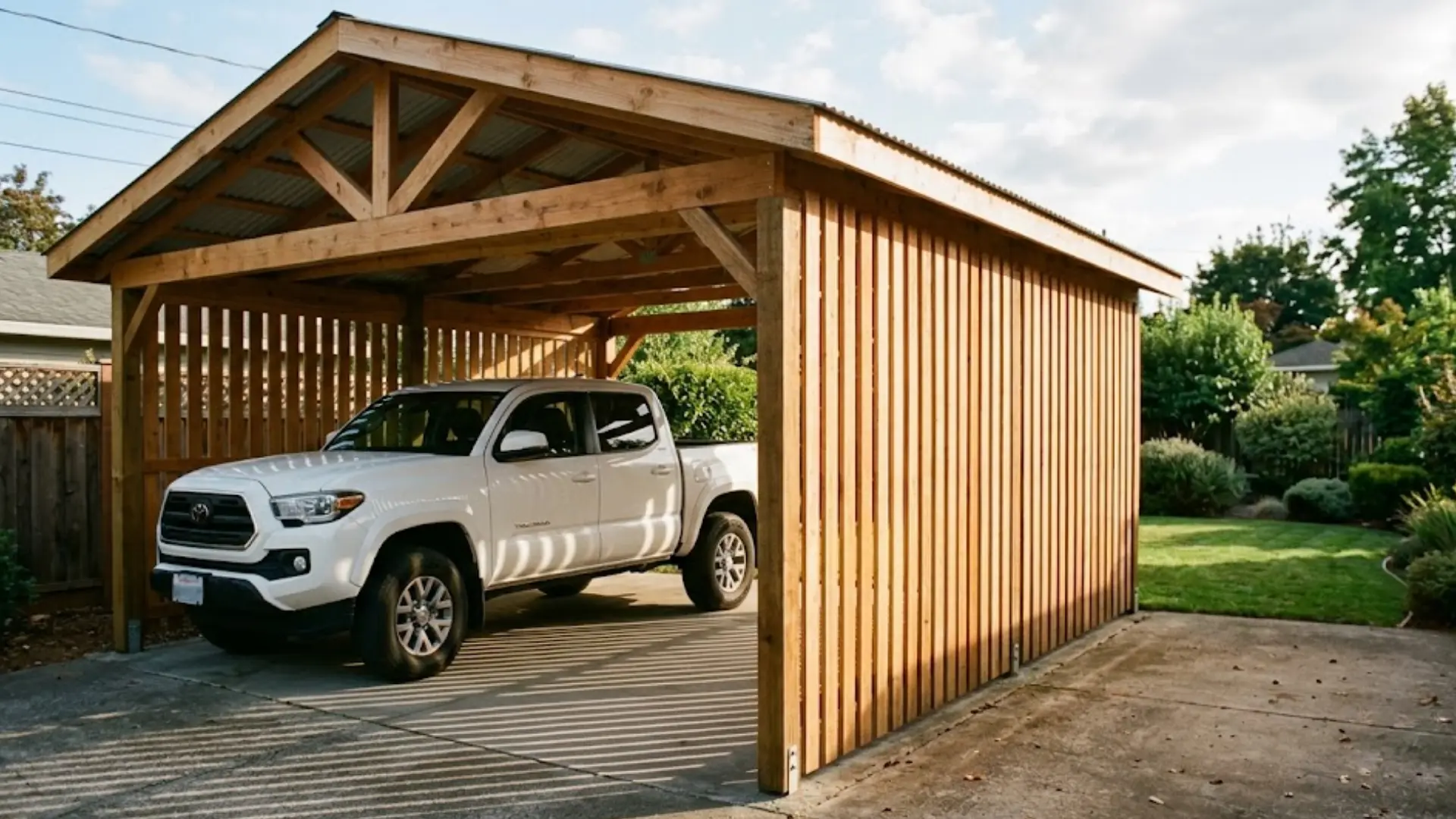 white pickup truck parked under a wooden carport featuring a vertical wood slat privacy wall design