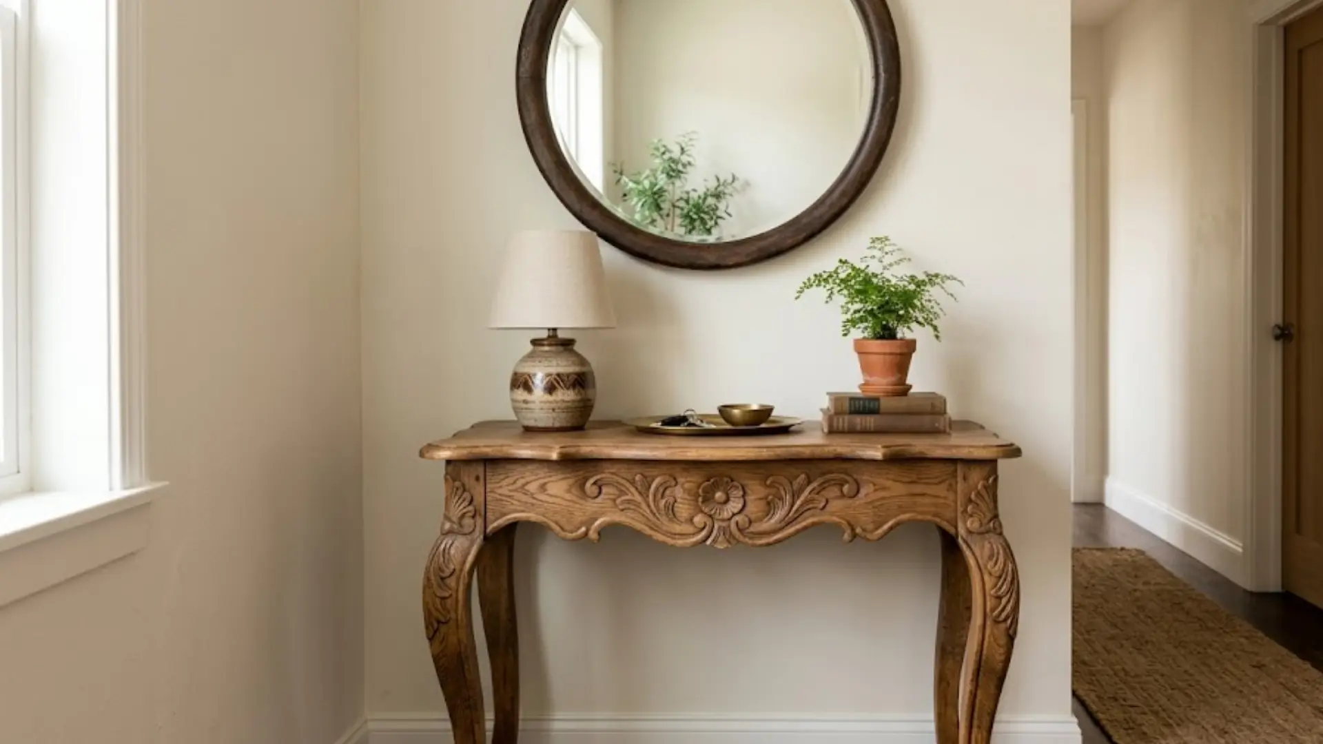 carved wood console table topped with a round mirror ceramic lamp and small potted plant