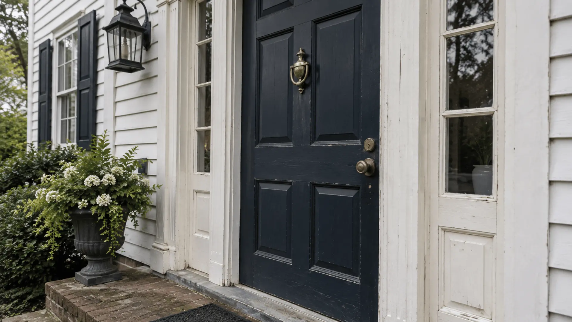 close-up of a colonial front door with brass knocker and paneled wood detailing
