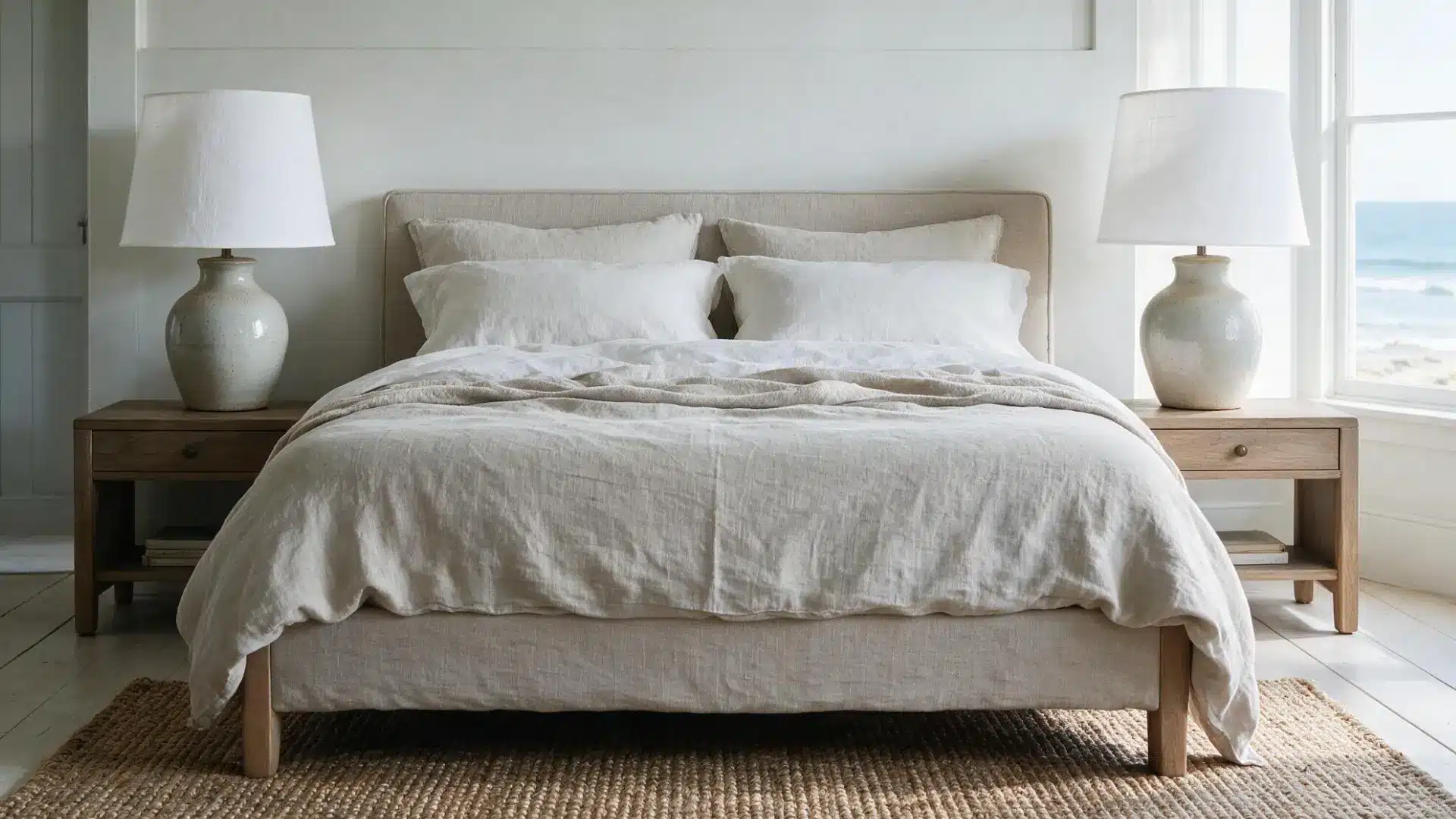 matching ceramic table lamps with linen drum shades flanking a bed with cream linen bedding and pillows