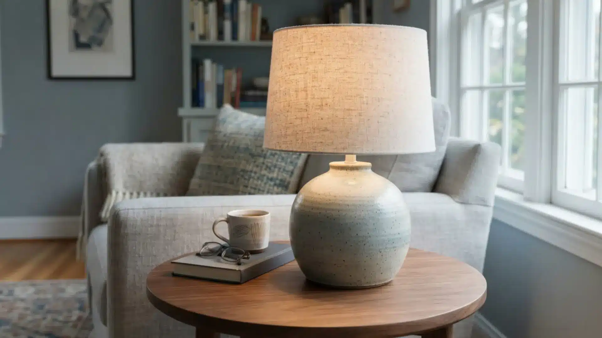 rounded ceramic table lamp with a woven fabric shade sitting on a round wood side table