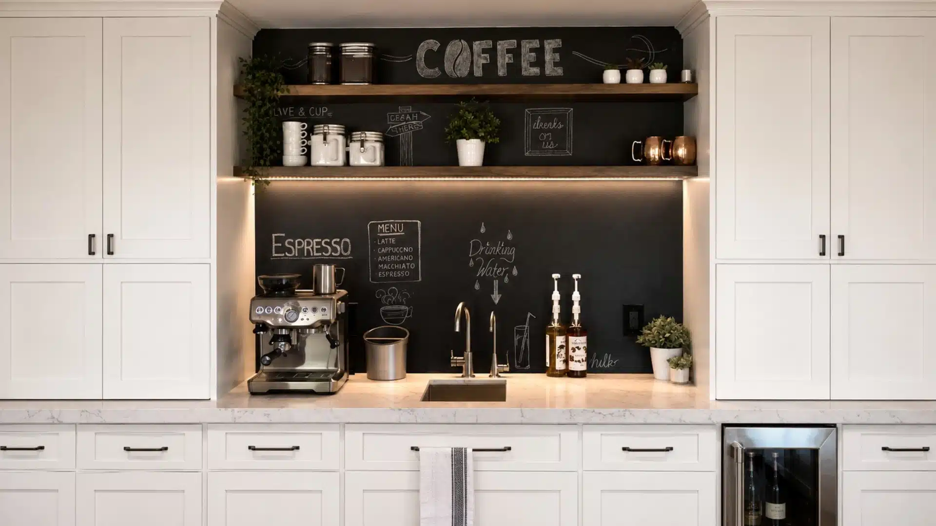 chalkboard menu coffee bar with espresso machine sink white cabinets and drawn coffee signs on dark wall
