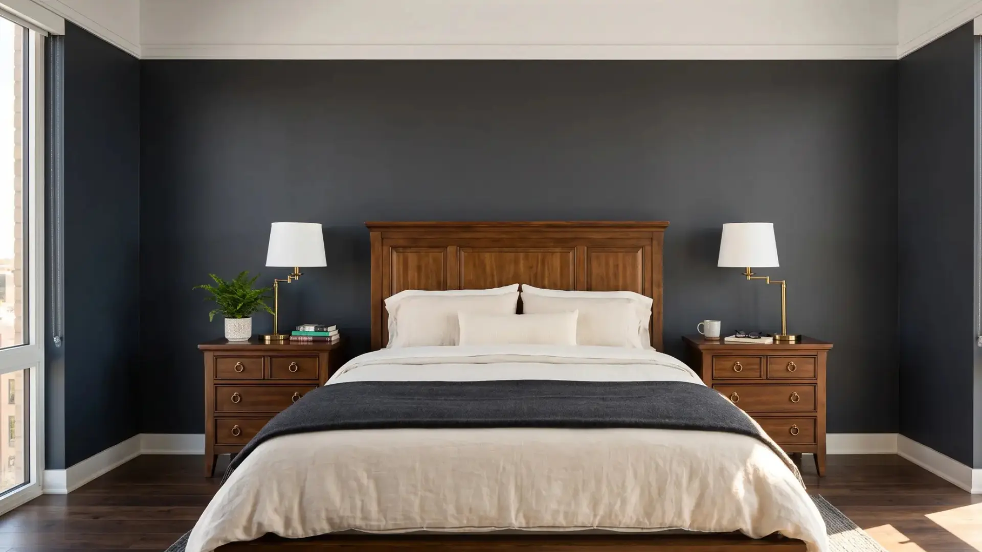 charcoal grey bedroom with wood furniture, white bedding, brass lamps, and large corner windows