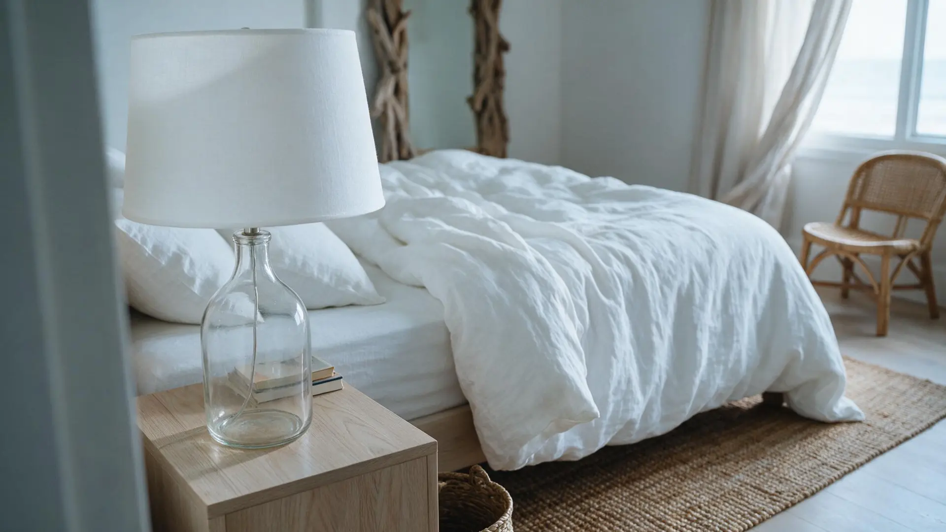 clear glass bedside lamp with a white linen drum shade sitting on a light wood nightstand nearby