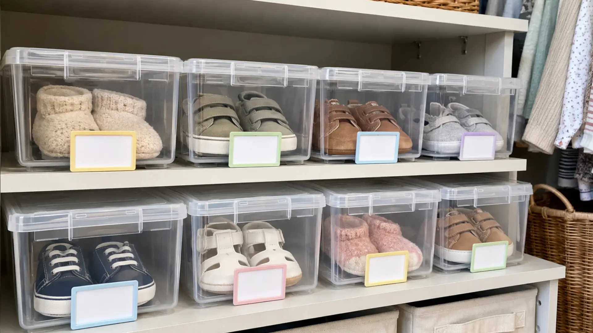 clear plastic bins with colorful labels holding small kids shoes neatly on closet shelves