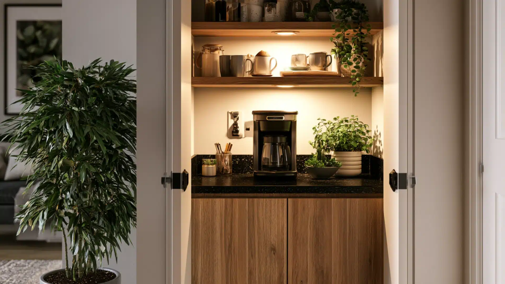 hidden closet coffee bar with wood cabinets black countertop coffee maker mugs jars and plants under shelf lighting