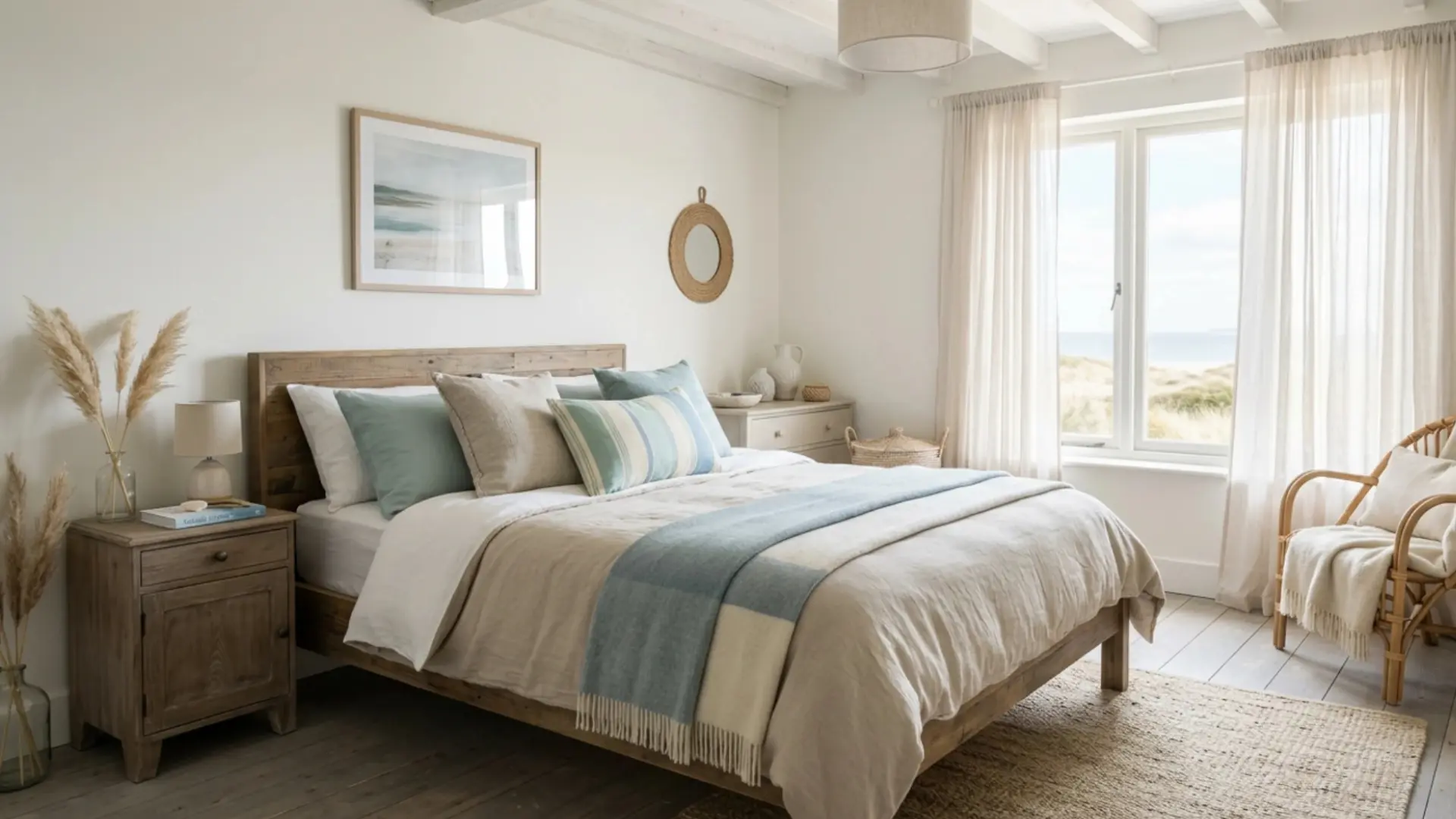coastal bedroom with wood bed frame layered blue and beige striped bedding and a dune and ocean view window