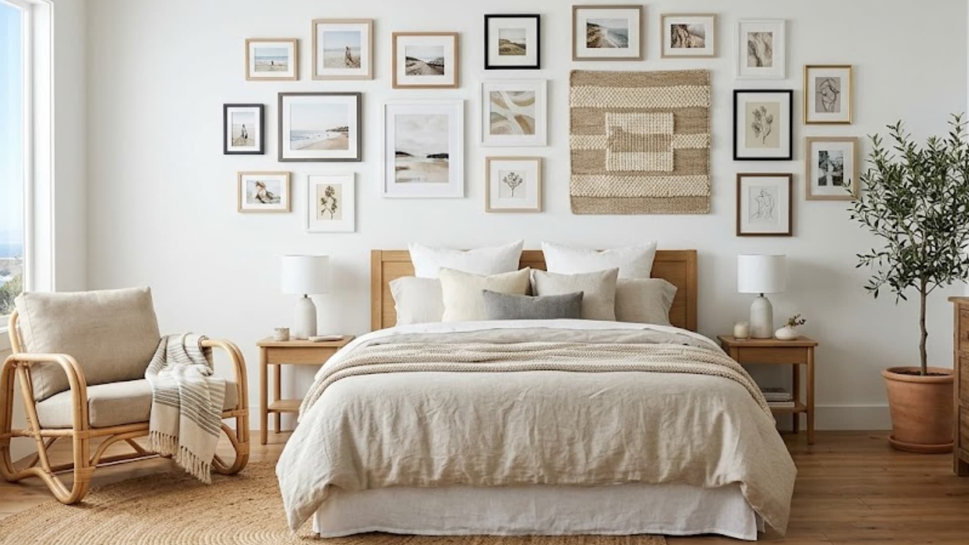 coastal gallery wall with coordinated wood and black frames arranged above a bed with cream linen bedding